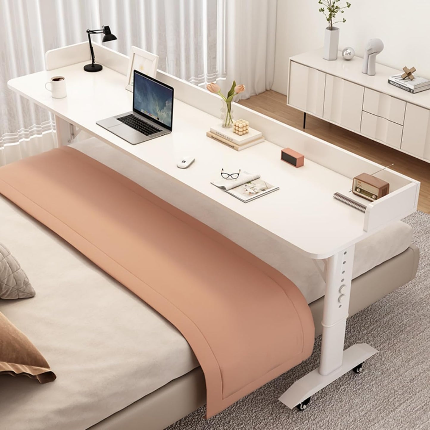 Adjustable Height Bed Desk with WheelsMobile Overbed Table Solid Wood Computer Table for Bed Versatile Over The Bed Desk Portable Bedside Workstation