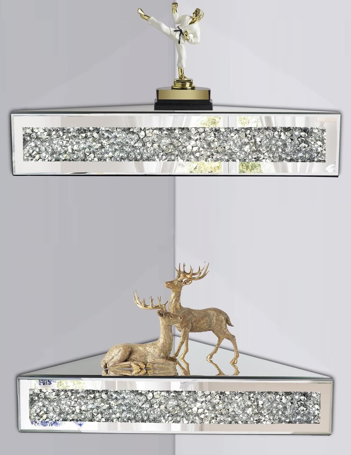 Mirrored Floating Corner Shelf, Silver Mirror Crushed Diamond Decorative Wall Shelf for Home Decoration Crystal Diamond Wall Art Decor Accent Piece Showcase 11.8" L×11.8" W×3.1" H, Set of 2