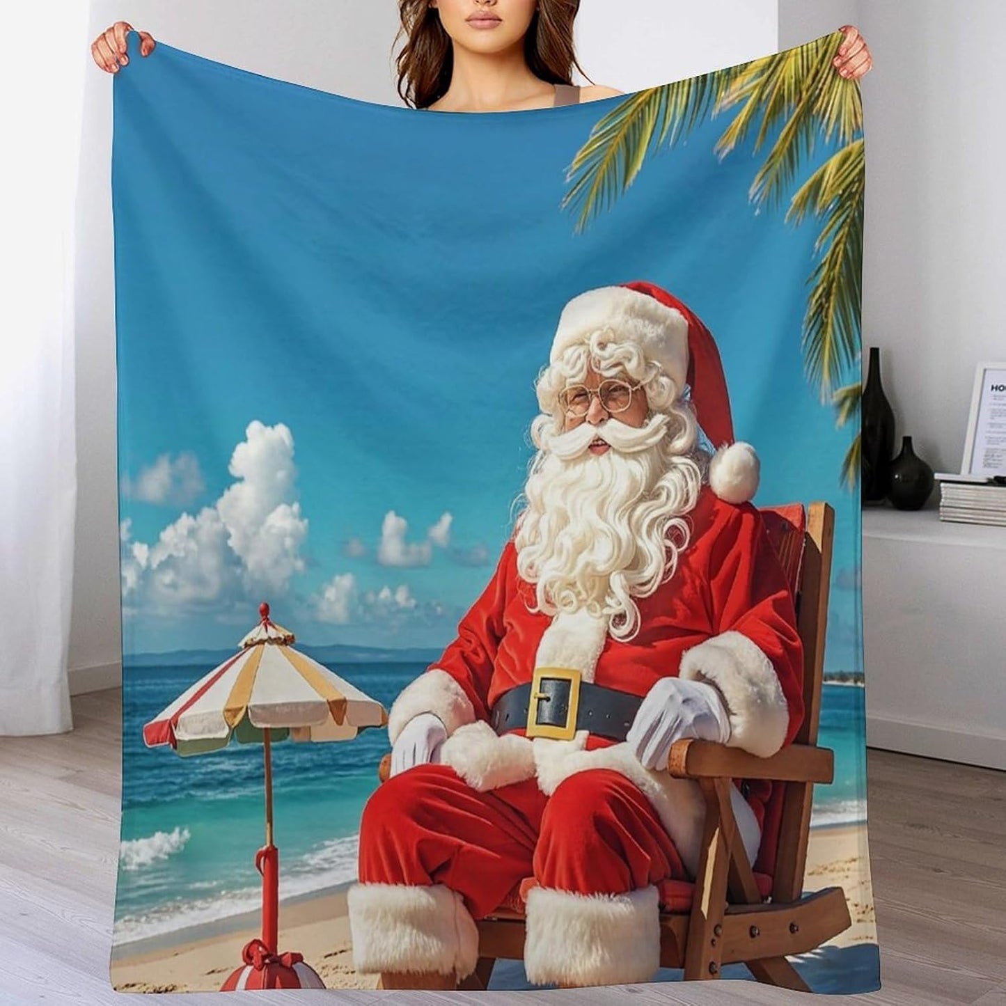 Santa Claus At Beach Blanket Super Soft Lightweight Throw Blanket Cute Cozy Warm Bed Blanket Decorative Fuzzy Blanket All-Season Home Decor Gift for Sofa Couch Living Room 50"*60"（130 * 150cm）