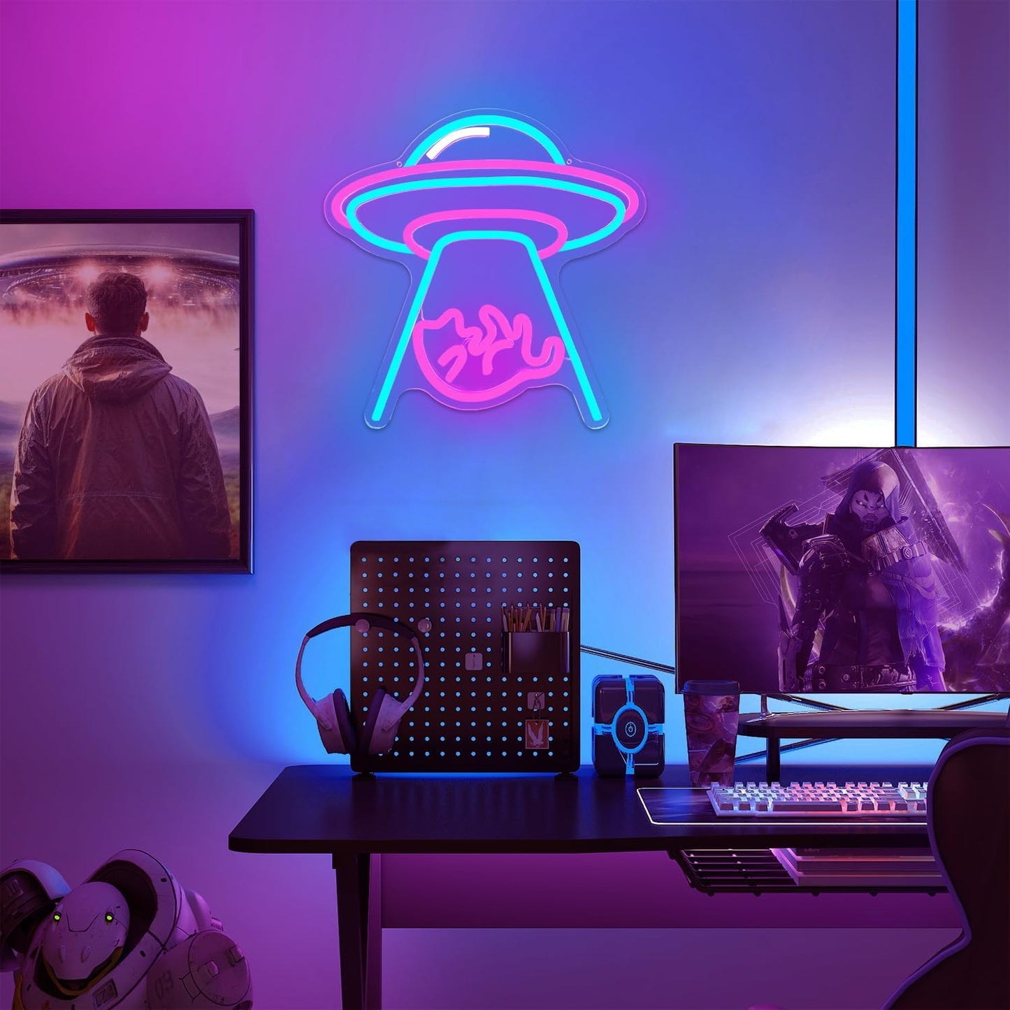 UFO Cat Neon Signs for Wall Decor Cat Neon Light USB Powered Dimmable Flying Saucer Light up Sign for Bedroom UFO Alien Night Lamp for Christmas Birthday Gifts