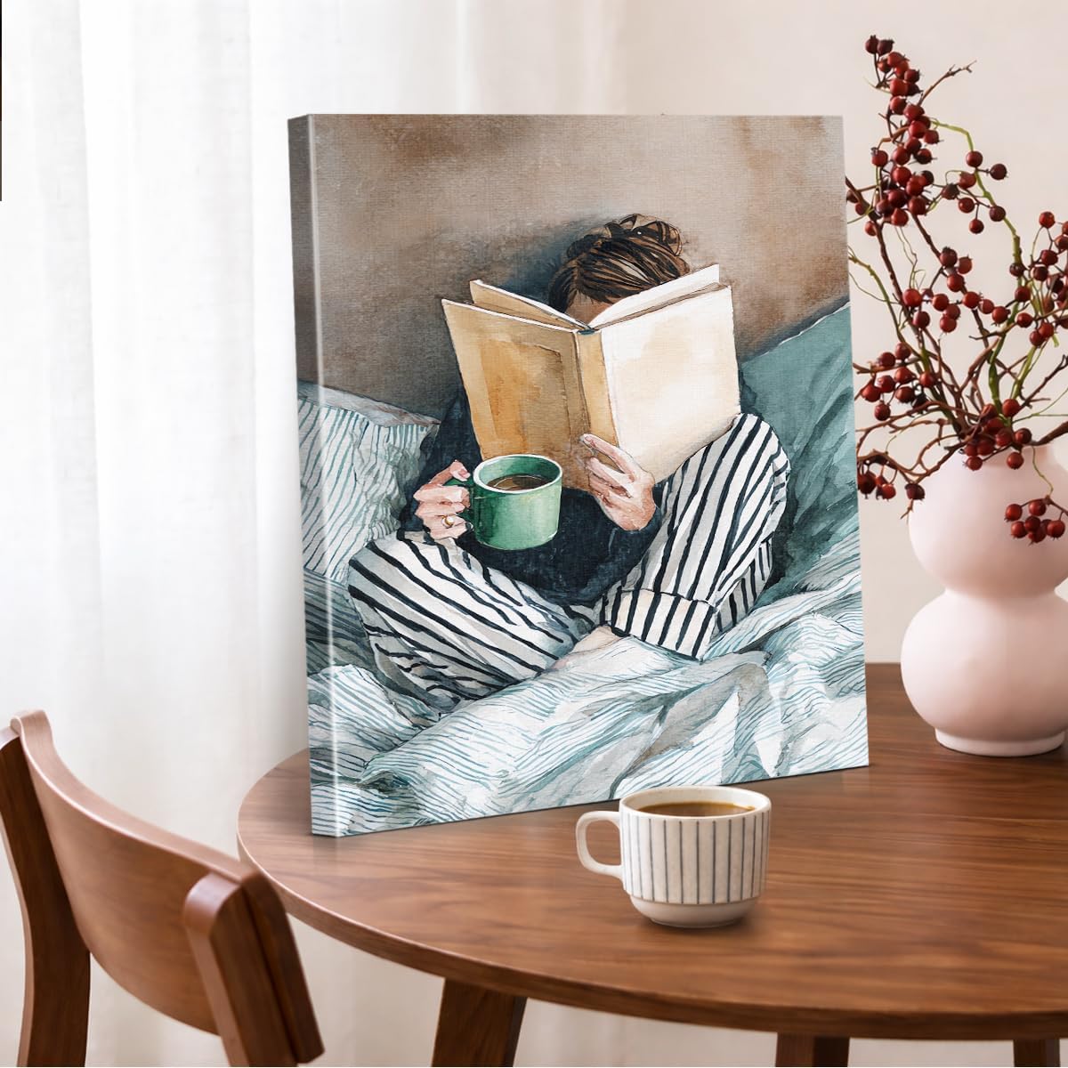 Minimalist Reading Woman Wall Art Decor Bookish Woman in Striped Bed Print Picture Book Lover Wall Decor for Home Bedroom 11x15 Inch Canvas Framed
