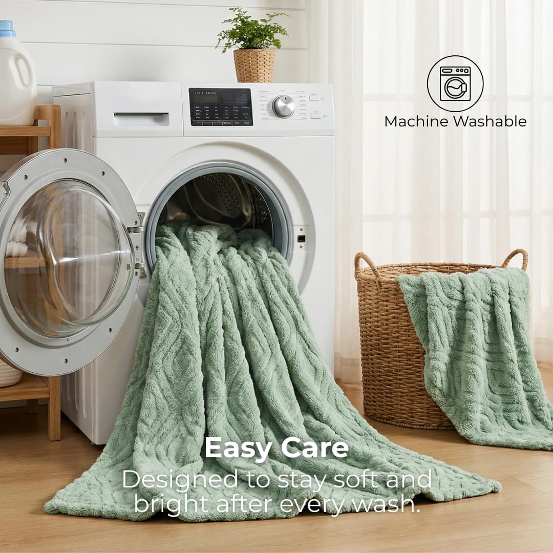 The Seacliff Blanket Twin Size 60x80, Palm Sage Green – Lightweight Soft Fleece Blanket for Couch or Bed, Breathable All Season, Coastal Wave Texture