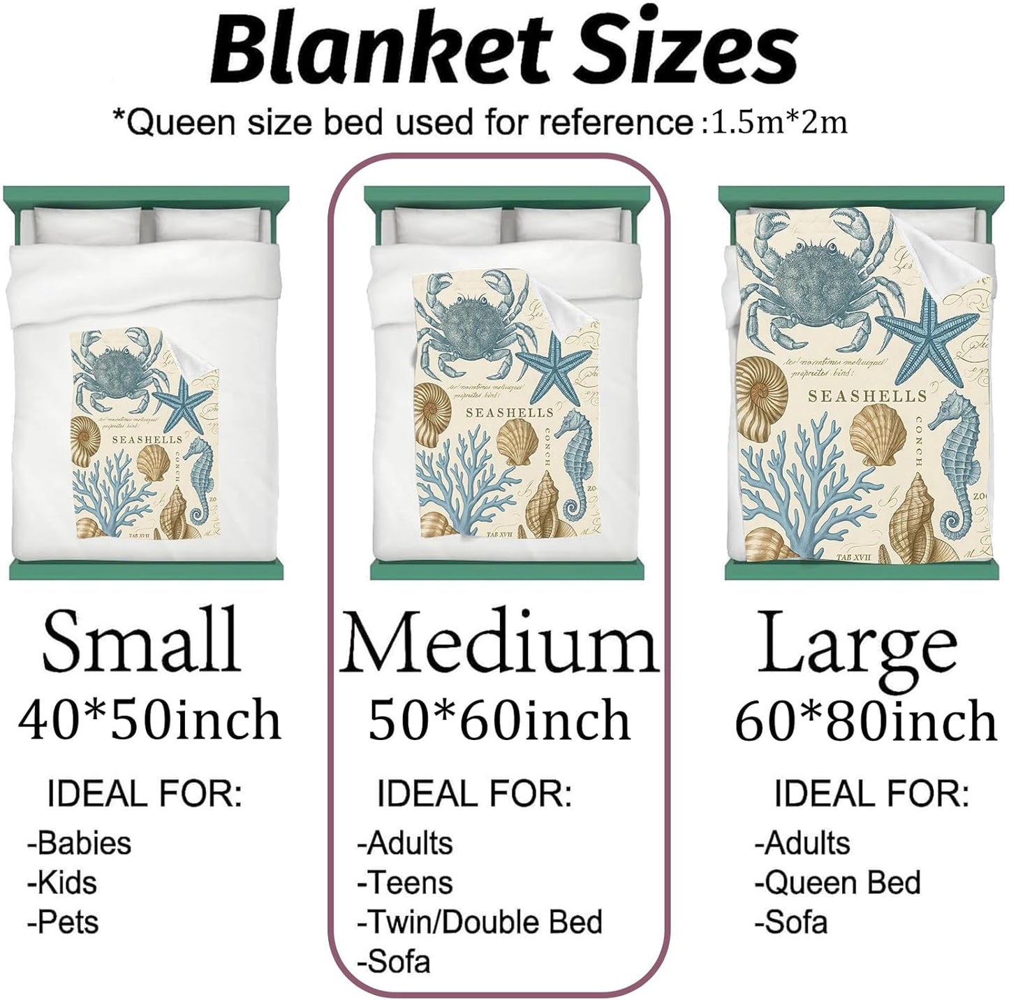 Vintage Sea Creature Blanket Lightweight Flannel Blankets Gifts for Adults Ocean Design with Crab Starfish Seahorse Coral and Shell Printed Throw for Couch Chair Summer Beach Decor, 60x50inch