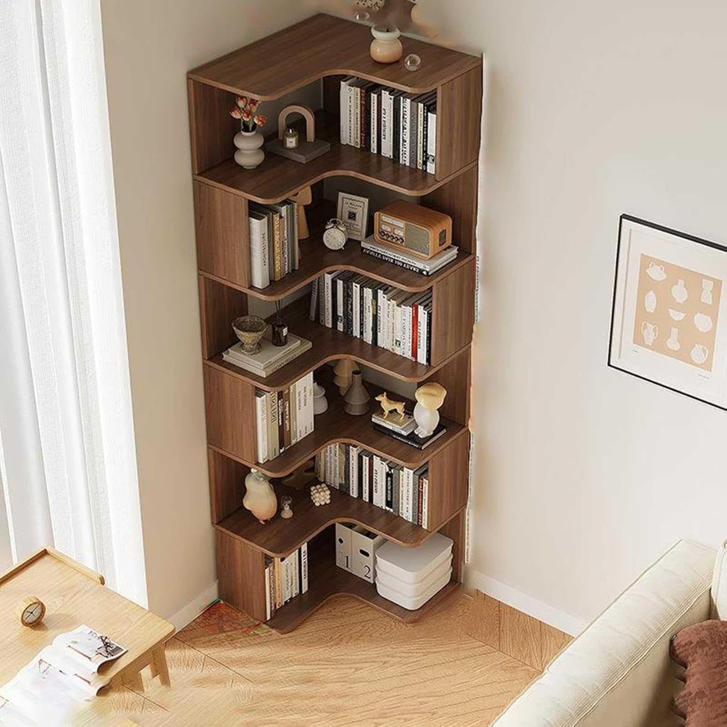 Modern Solid Wood Corner Bookshelf, 6-Tier Open Back Bookcase for Living Room Storage, Versatile Shelves for Books & Decor, Space-Saving Design, Stylish Home Organization