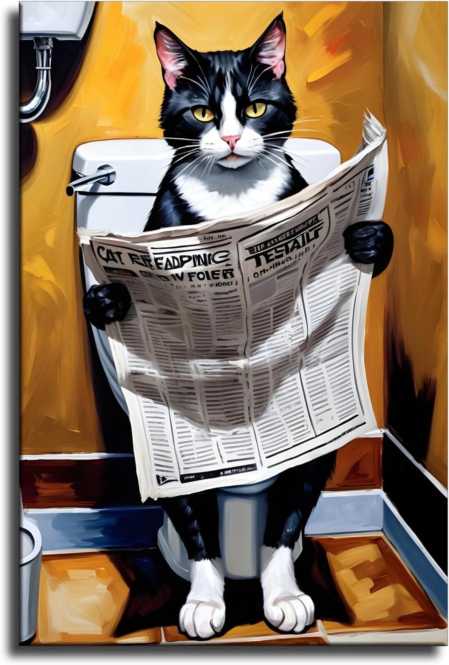 Cat Reading Newspaper in Toilet Poster Wall Decor Wall Art Printing Picture Canvas Living Room Decor Painting Framed and Unframed. (16x24inch-No Framed)