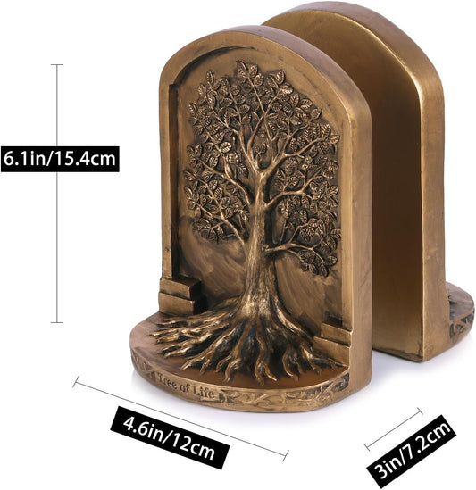 Tree of Life Resin Bookends - Set of 2 Heavy Duty Antique Bronze Book Holders with Non-Slip Bottom, Decorative Bookends for Shelves, Office, Home Library, Living Room and Study Room Decor