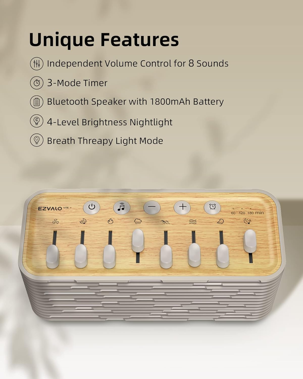 EZVALO White Noise Sleep Sound Machine, 255+ Mixer Options with Portable Speaker, Night Light, Sleep Timer, Breath Therapy, White Noise Machine for Adults Sleeping Meditation with Light