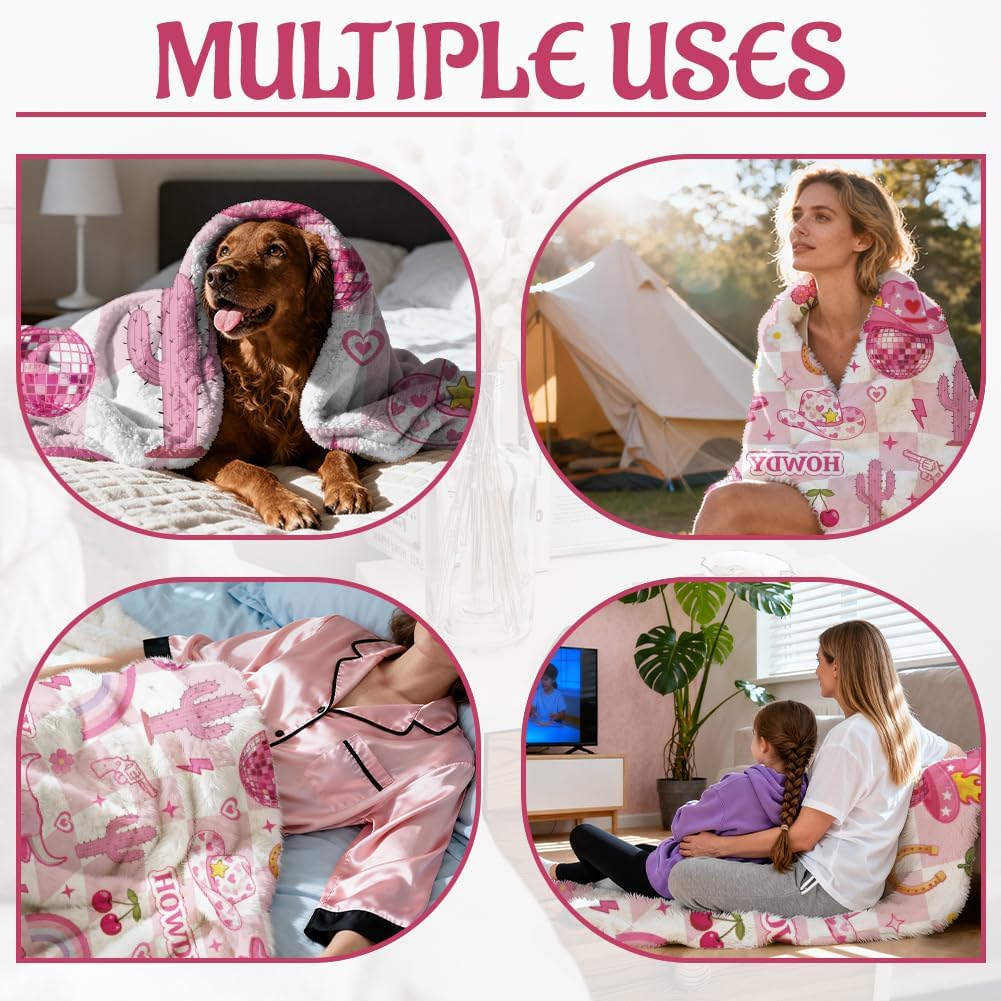 WADORN Western Cowgirl Throw Blanket, Hot Pink Funky Groovy Blankets Gifts for Women Cowboy Hat Boots Fuzzy Soft Flannel Fleece Blanket for Bedroom Holiday Home Living Room Sofa Bed Couch, 50''x60''