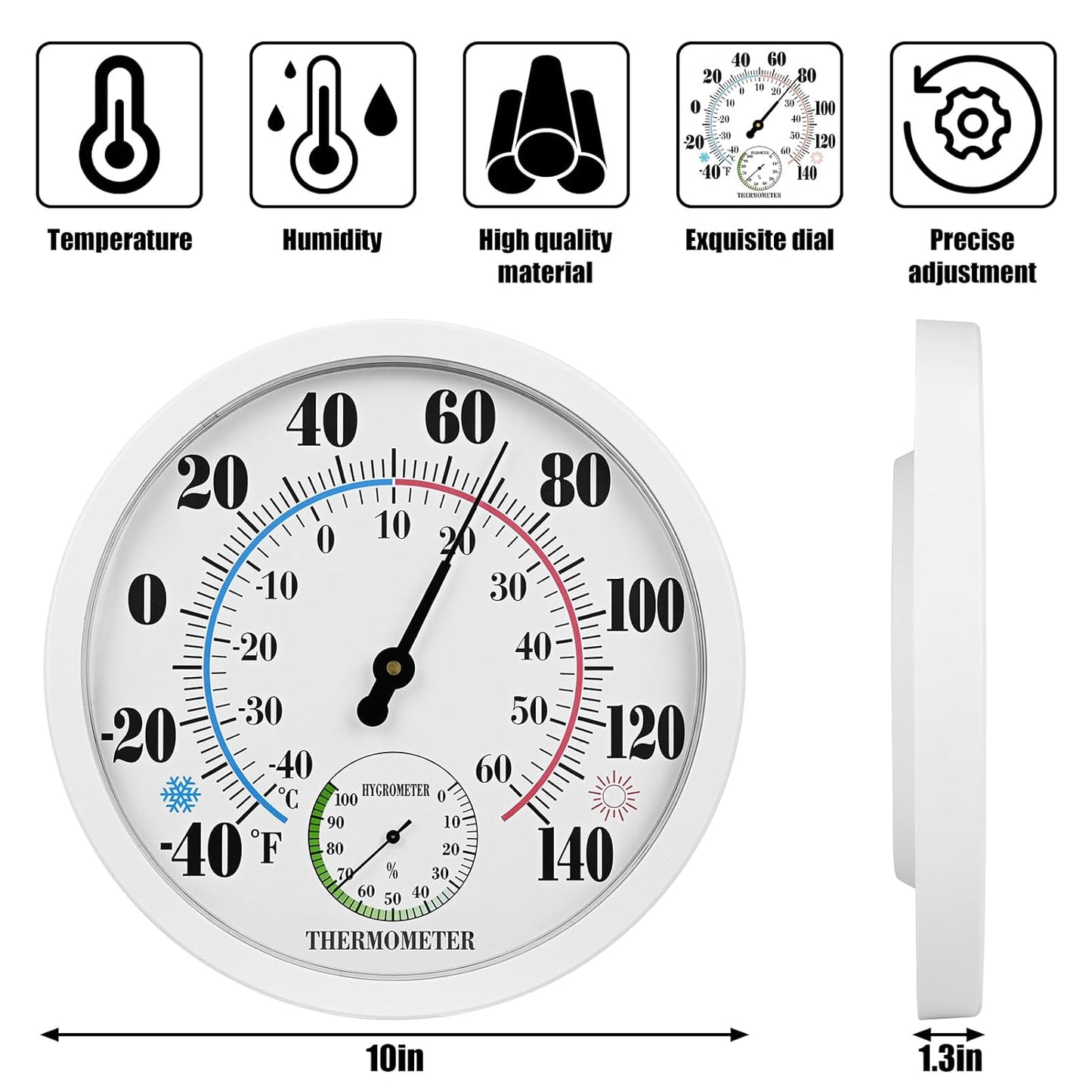 10 Inch Indoor Outdoor Thermometer Hygrometer Combo, Large Dial Analog Temperature Humidity Gauge, Wall Mount Weather Thermometer for Home Patio Greenhouse Garage Room