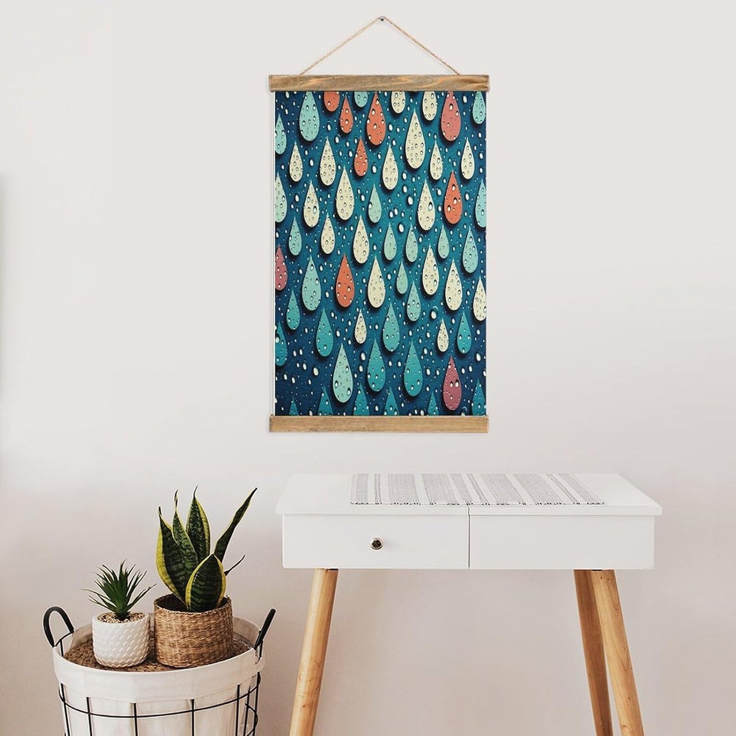 Vintage Water Drops Dots Poster with Wooden Frame Personalized Linen Hanging Scroll Painting Rustic Wall Hanging Illustrative Modern Artwork Decor for Home Living Room Bedroom Office