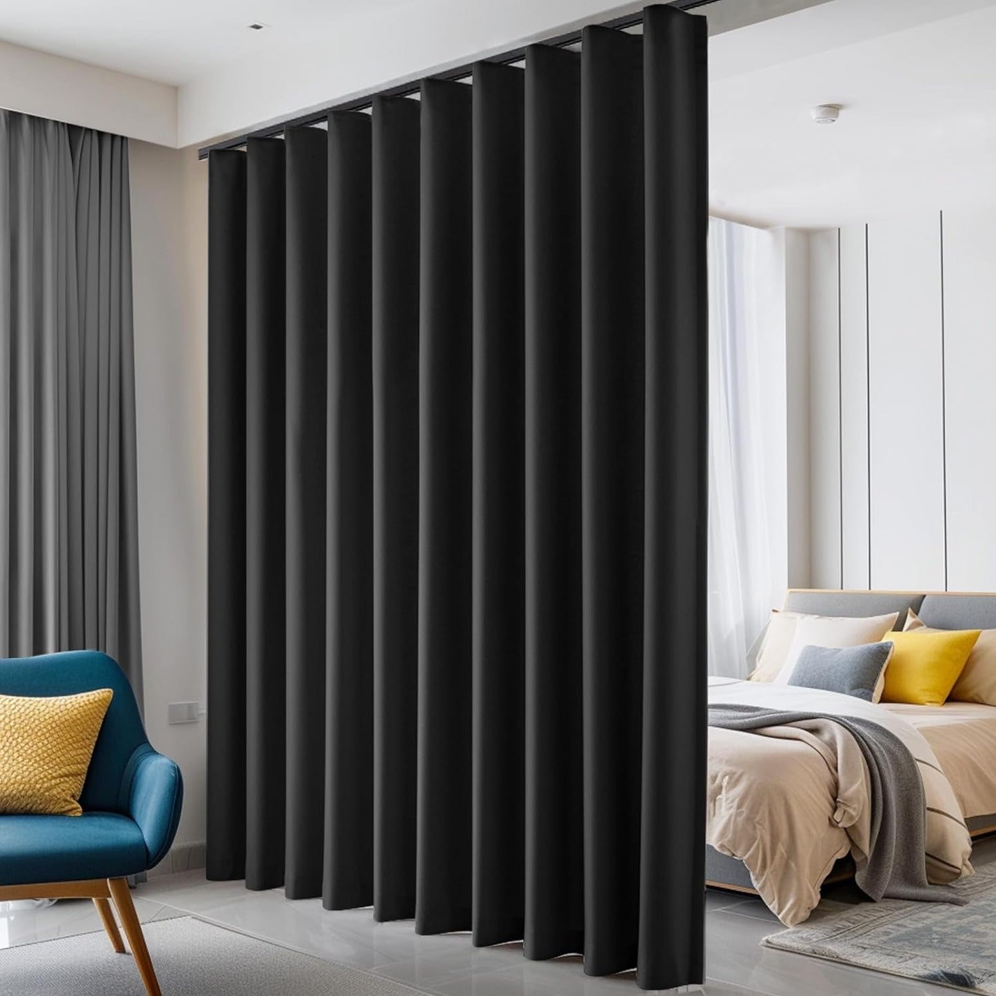 Room Divider Curtains Blackout Floor to Ceiling Curtain with Hook Wall Mount Sliding Door Curtains Ceiling Mount Extra Wide Curtain Wall Divider for Room Separation (Black, W100 x H84 Inch)