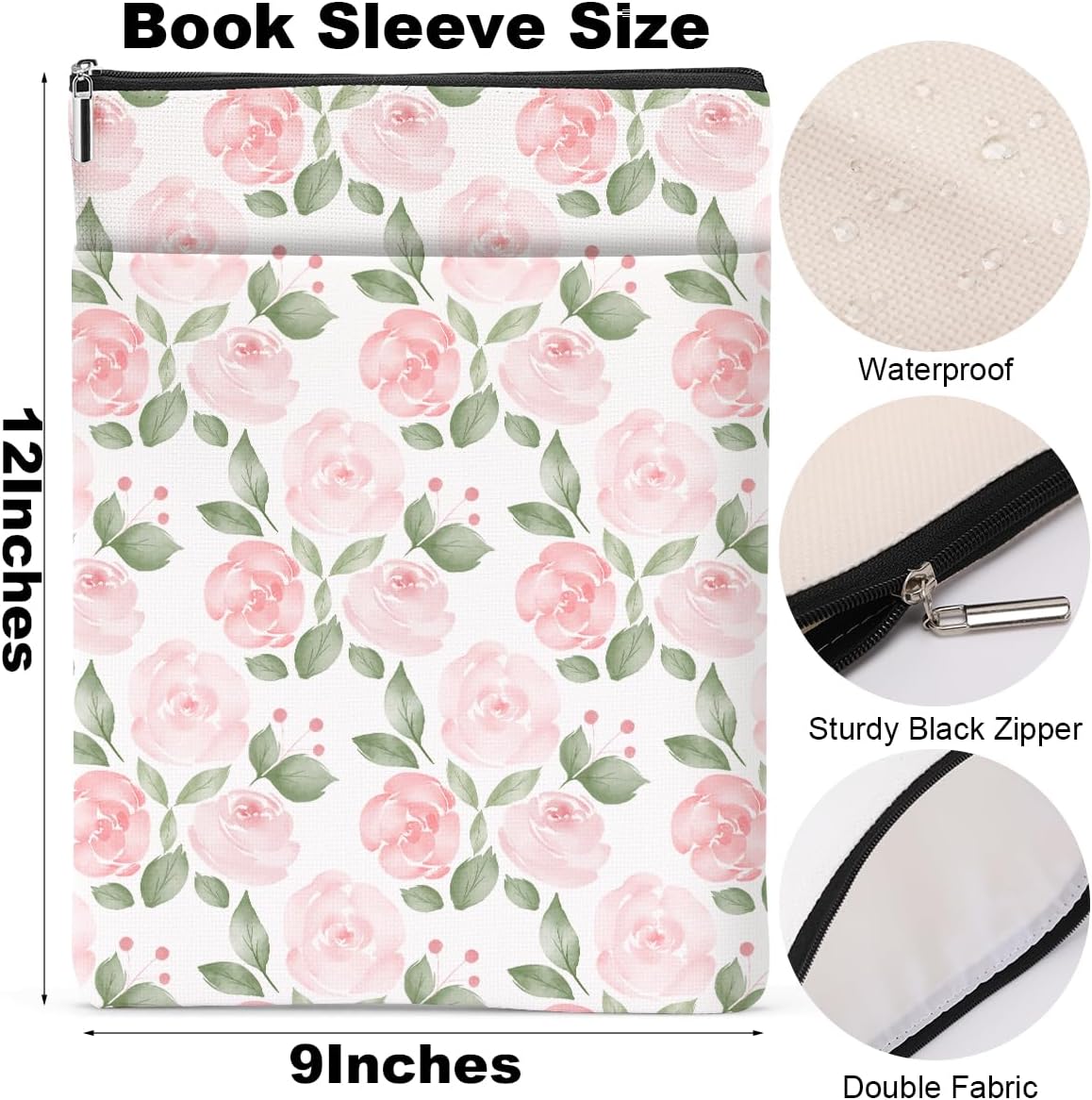 Watercolor Floral Pattern Book Lovers Gifts Waterproof Book Sleeve Book Pouch Book Protector with Zipper and Front Pocket BookCover Case for Women Girl Mom Wife Book Accessories Book Club Gifts