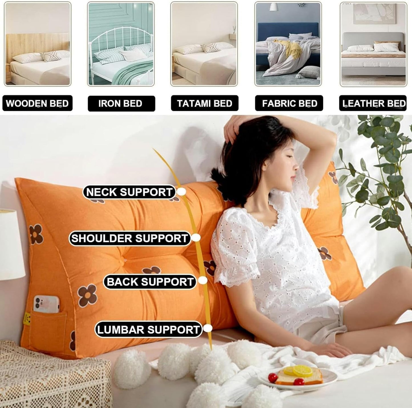 Headboard Pillow, Triangular Cushion Large Bolster Pillow, Bed/Sofa Triangular Reading Pillow, Headboard Back Support Pillows Lumbar Cushion with Pocket & Machine Washable Cover