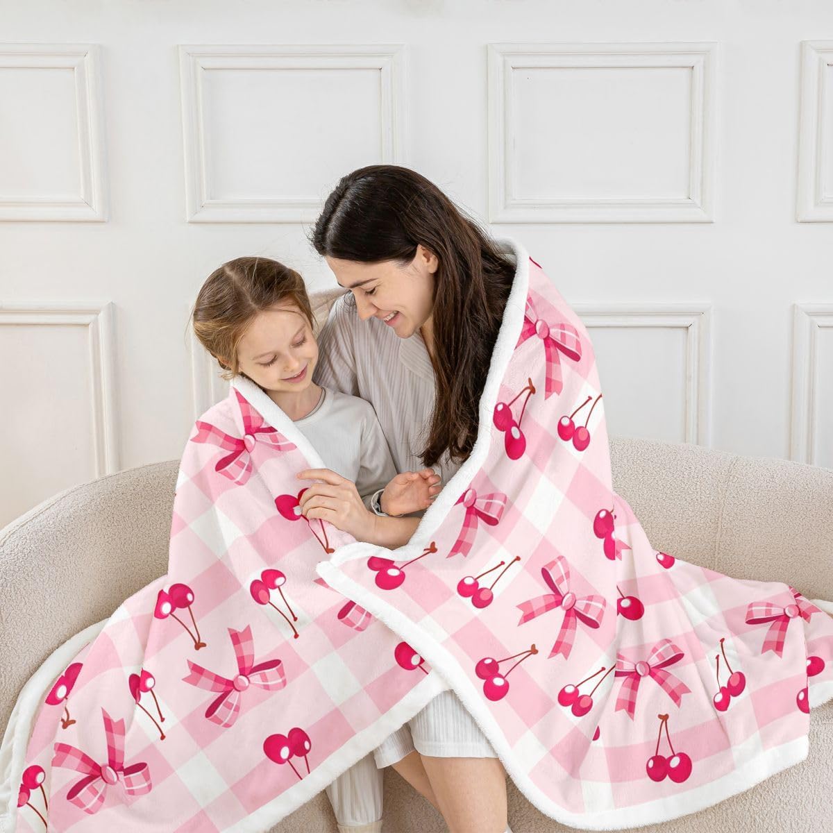 Feelyou Cute Bowknot Sherpa Throw Blanket for Couch Pink Plaid Super Cozy Fleece Red Cherry Blanket for Winter, Plush Throw Kawaii Bow Baby 30"x40" All Season