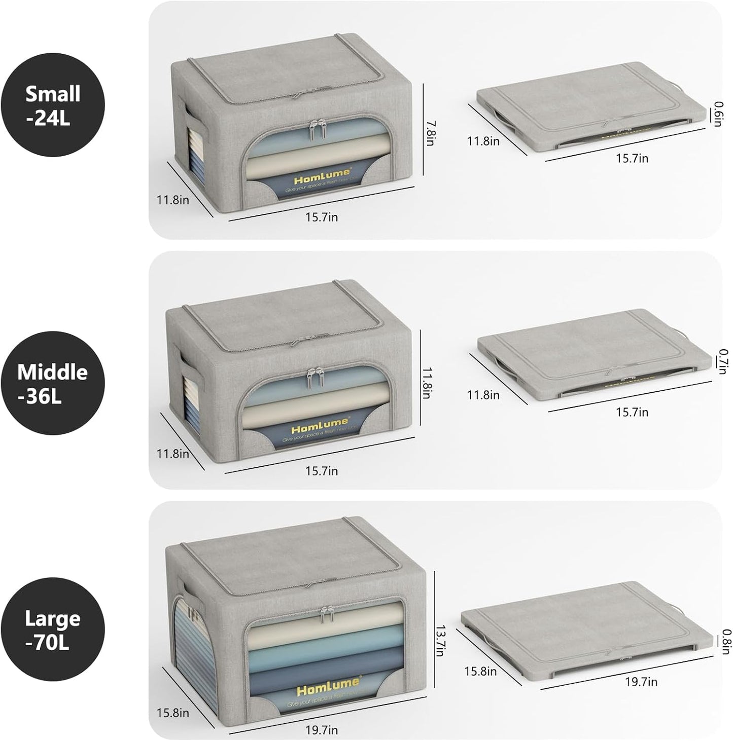 3 Packs Storage Boxes for Clothes Collapsible Storage Bins with Cedar Wood Piece, Linen with Metal Supports and Durable Handles Metal Storage box,Clear Window with Zippers (Light Grey,70L)
