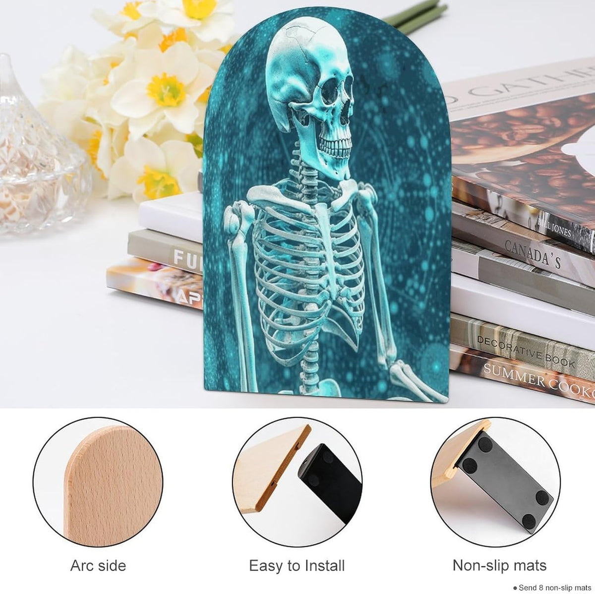 The Skeleton of Color Space Wooden Bookend Non-Slip Book Ends Heavy Duty Book Stopper with Metal Base Books Holderd Decorative Bookends Stands Firmly for Office Supplies