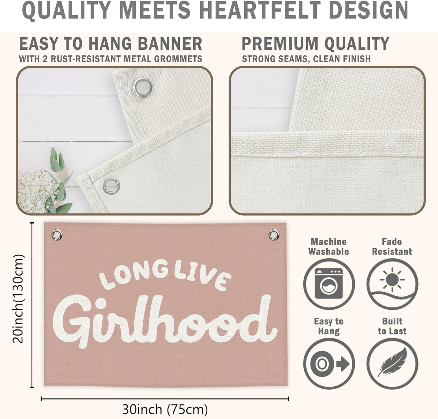 Long Live Girlhood Girls Kids Banner Canvas, Girly Toddler Room Decor, Boho Pink Playroom Hanging Flag Sign, Nursery Preppy Wall Tapestry Art for Baby Shower Classroom Bedroom Decor 20x30in