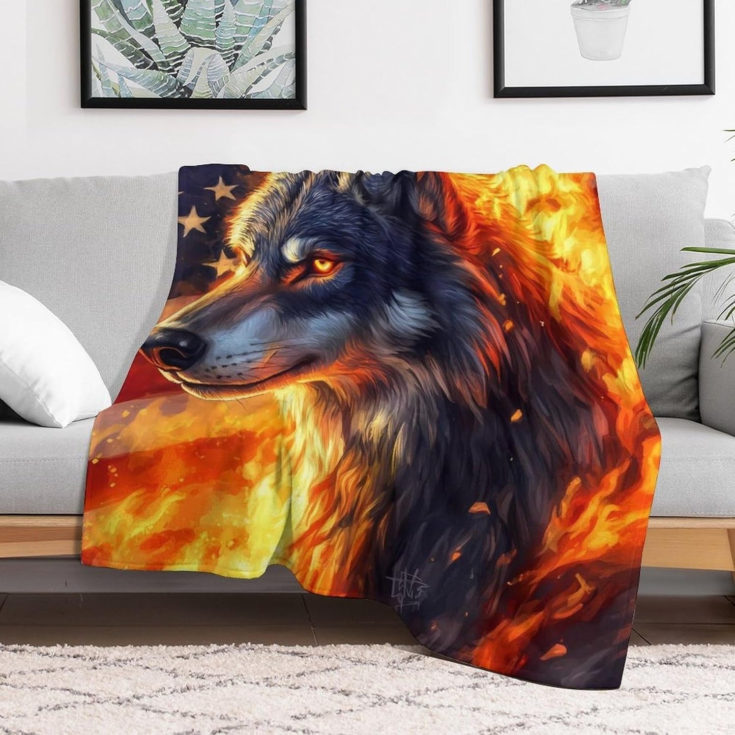 Fire Wolfs Flag of USA Throw Blanket for Couch Bed Plush Cozy Fuzzy Flannel Blanket for All Season 50"x60"