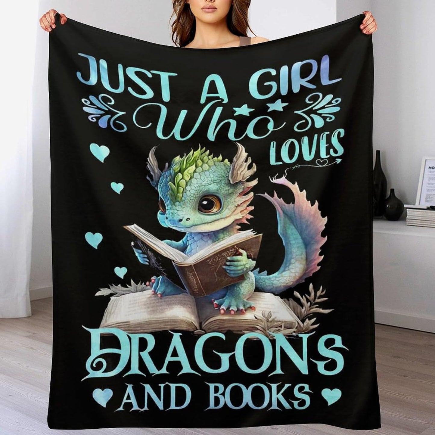 Just A Girl Who Love Dragons and Book Blanket Dragon Gifts for Girls Boys Woman Kids Reading Lover Throw Blankets Soft Blanket Warm Fleece Flannel Plush Blankets for Bed Sofa 40"x50"