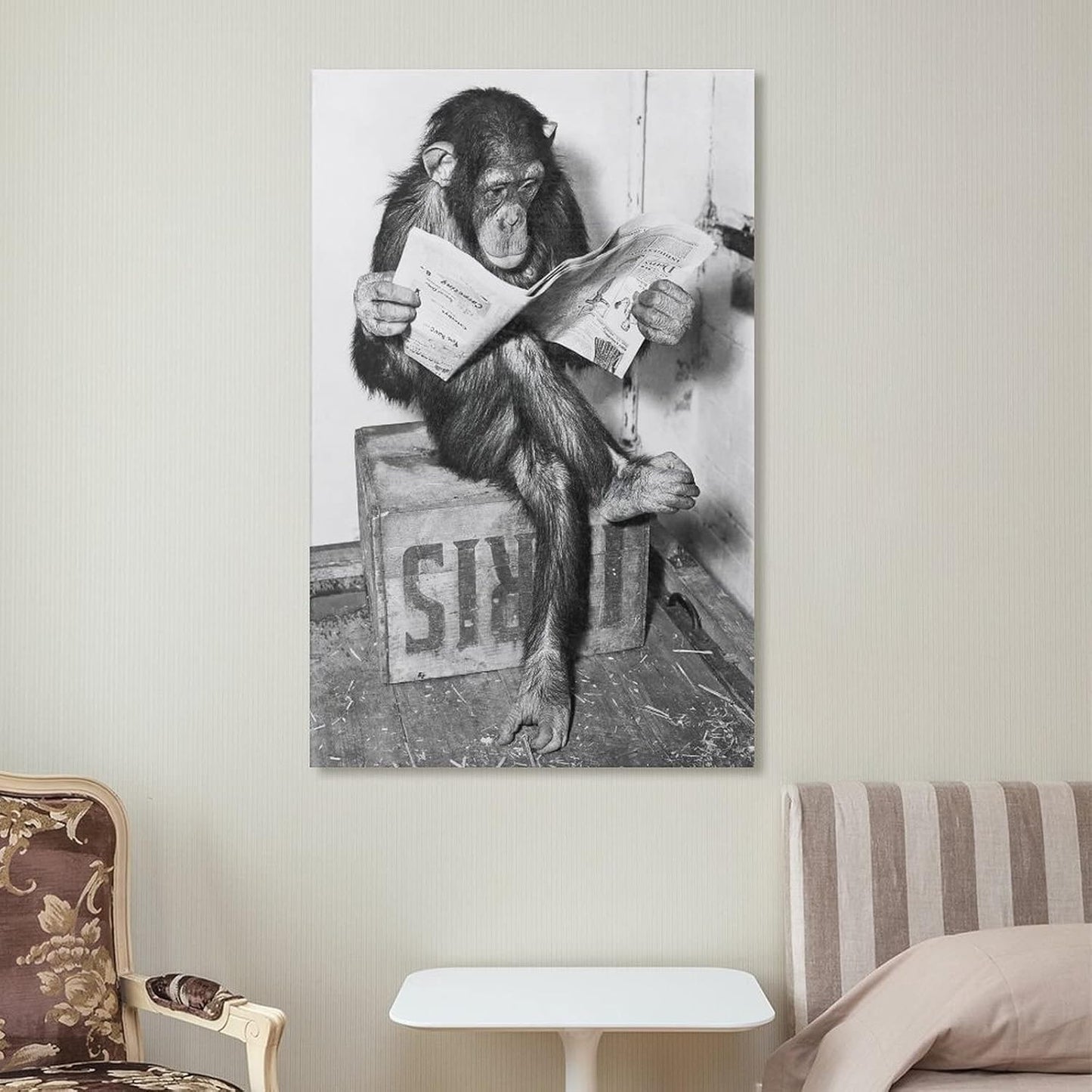 Animals Art Poster Monkey Reading Newspaper Canvas Painting Wall Art Posters and Prints Office Livin Canvas Painting Wall Art Poster for Bedroom Living Room Decor 20x30inch(50x75cm) Frame-Style-1