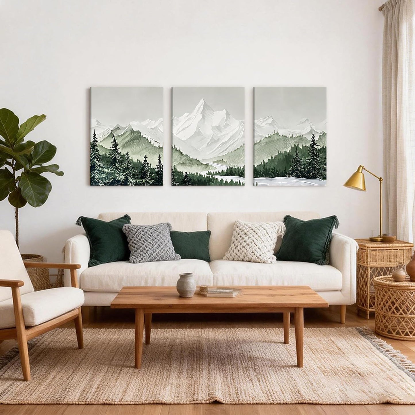 3 pcs Frame Watercolor Neutral Wall Art Canvas Print Mountain Forest Landscape Nature Wall Decor Artwork Scandinavian Minimalist Posters Prints 12x16 Inch for Living Room Bedroom Office Home