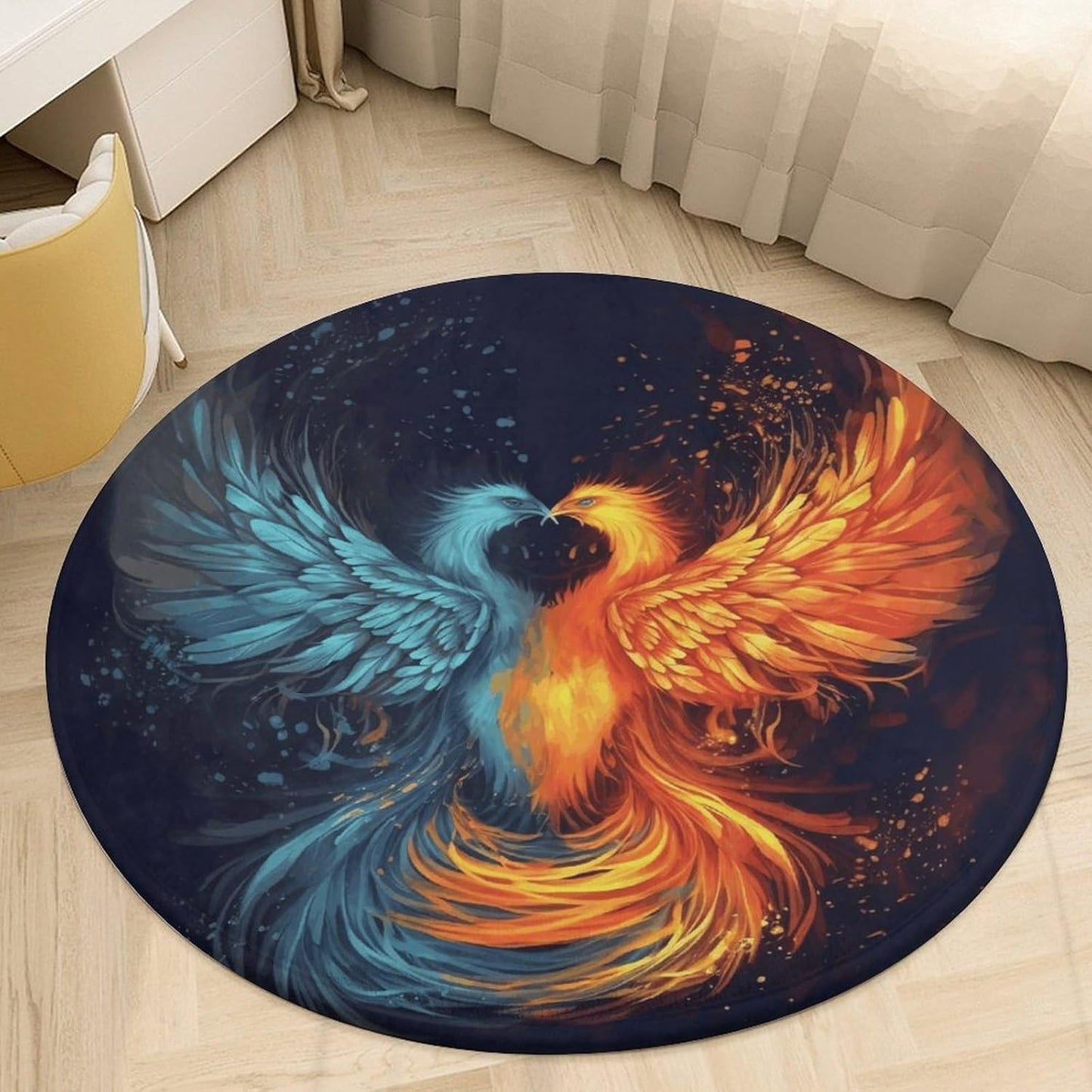 Fire and Water Phoenix Circle Rug Retro Luxury Coral Velvet Floor Mat Non Slip Soft Indoor Floor Carpet Comfy Thickened Area Rugs Modern Aesthetic Minimalist Carpets for Home Decor