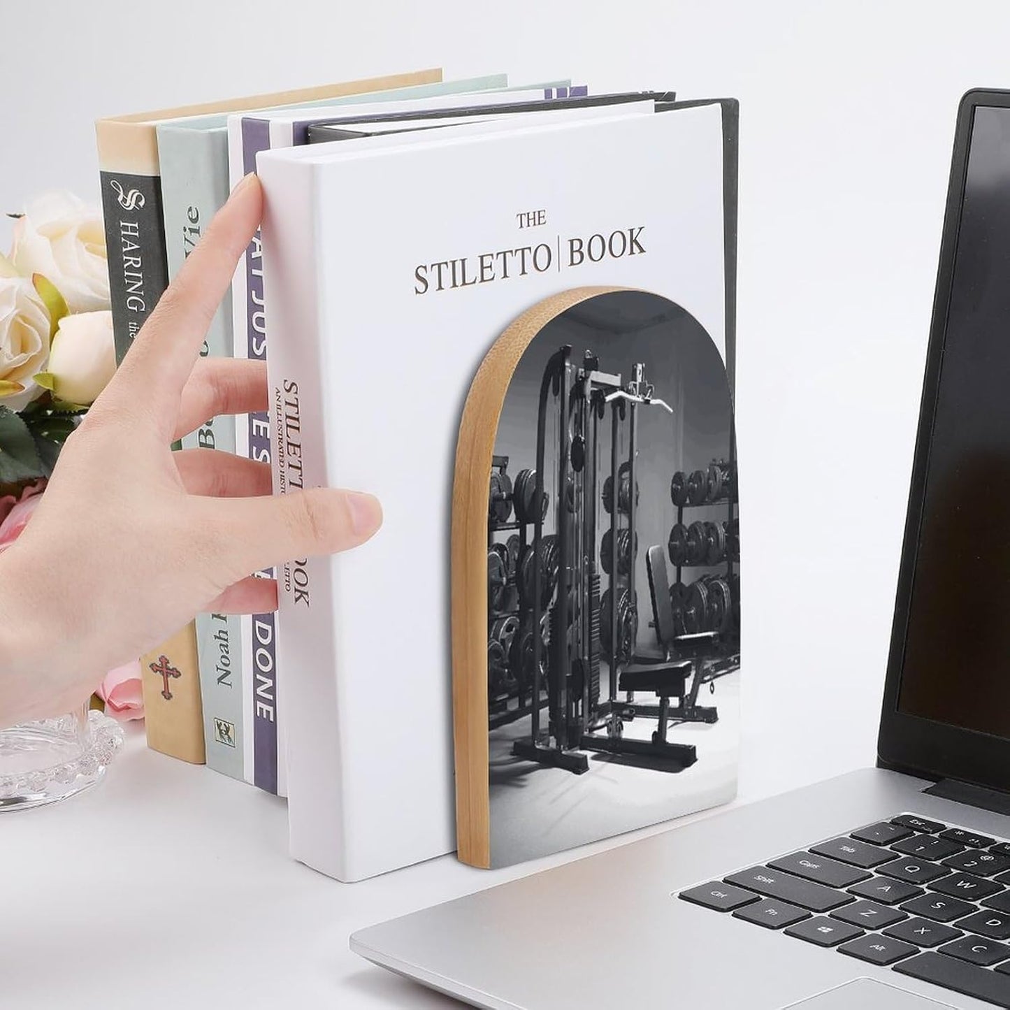 Gym Equipment Bookend for Shelves Wooden Book End Large Size Sturdy Book Holders Stoppers with Metal Base for Bookshelves Slick Decorative Bookends Stands