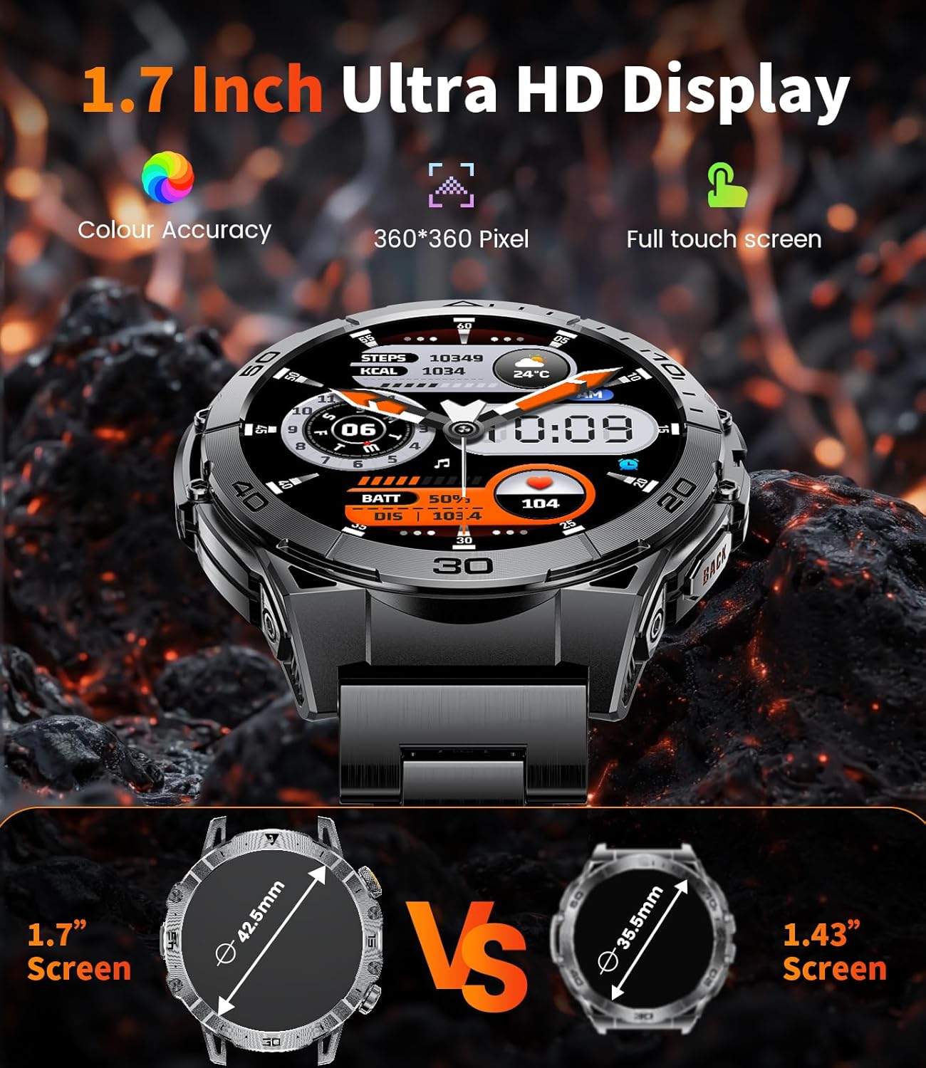 Smart Watches for Men 1000mAh Battery/Flashlight/3 Straps, 1.7" Ultra HD Screen Outdoor Smartwatch with 111 Sports Modes, Heart Rate/Sleep/Calorie Monitor, 5ATM Waterproof Fitness Tracker Android iOS