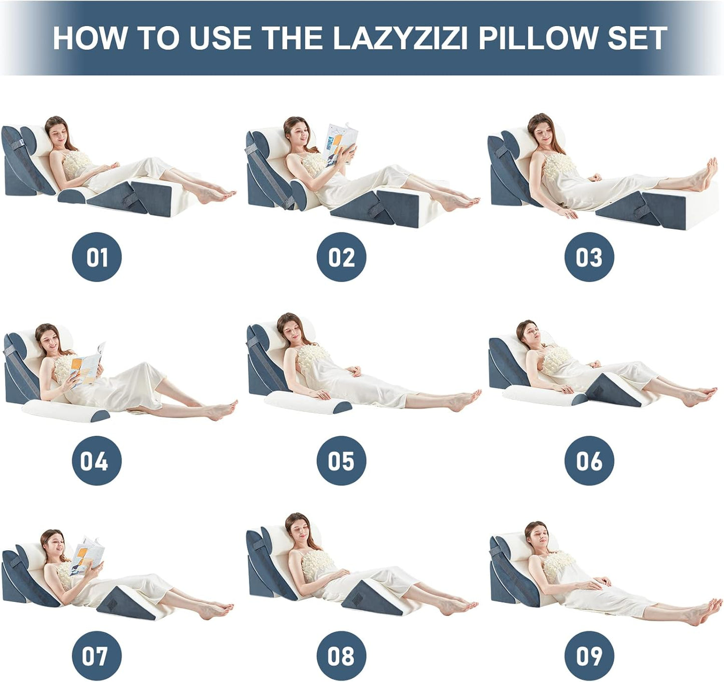 6pcs Orthopedic Bed Wedge Pillow Set, Memory Foam Wedge Pillow for Sleeping, Knee, Lumbar and Back Pain Relief Adjustable Bed Pillow - Acid Reflux, Anti Snoring & GERD Sleeping, Grey