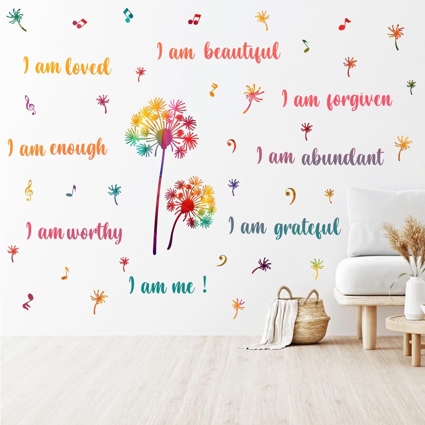 Colorful Dandelion Wall Stickers, Motivational Quote I Am Affirmation Vinyl Wall Decals, Removable Dandelion Flying Musical Note DIY Wall Art for Kids Bedroom Office Classroom Decor