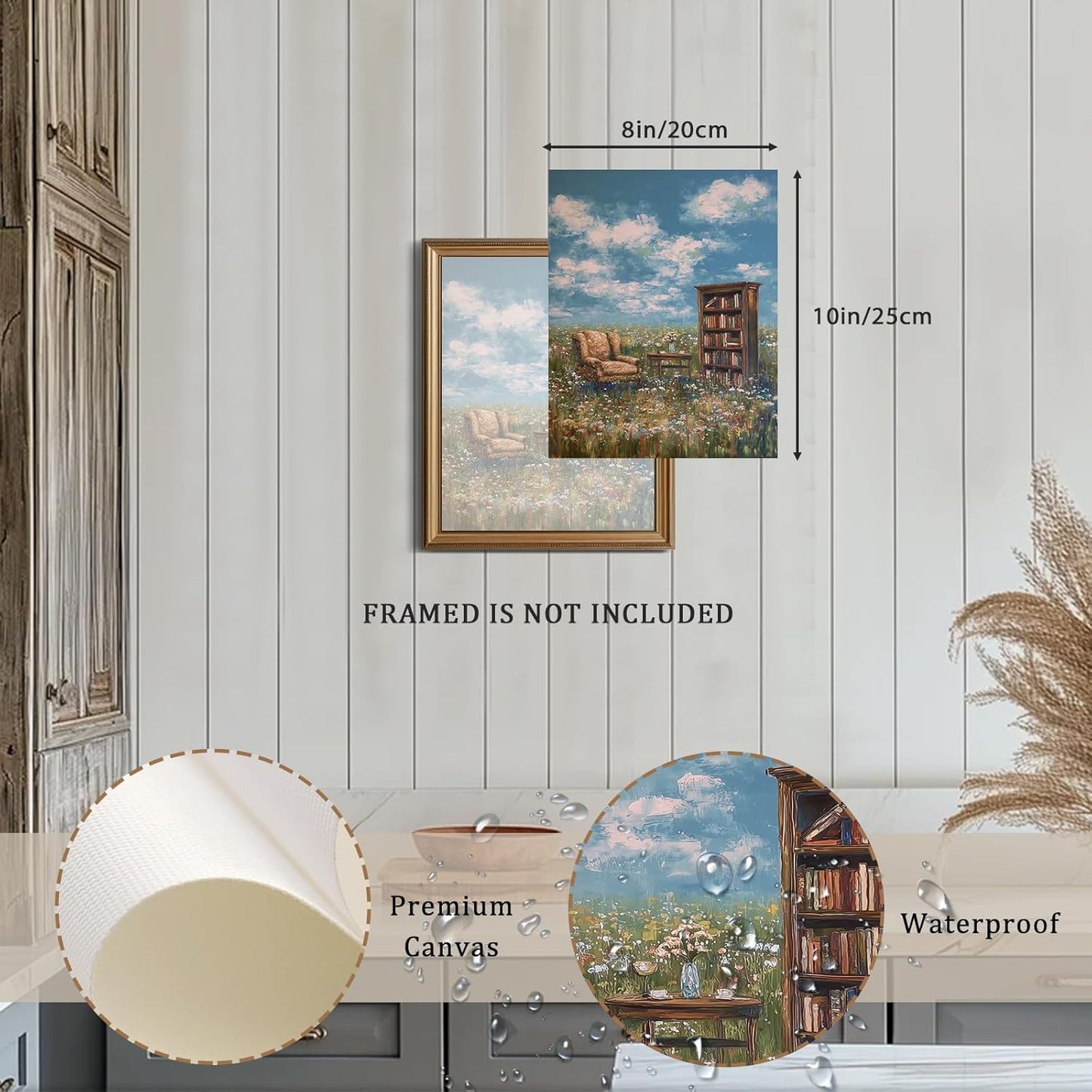 XOCUUI Vintage Whimsical Book Lover Wall Art, Impressionist Flower Field Painting Decor, Rustic Book Nook Canvas Prints, Bookish Gifts French Country Artwork for Bedroom Living Room 8x10 No Frame