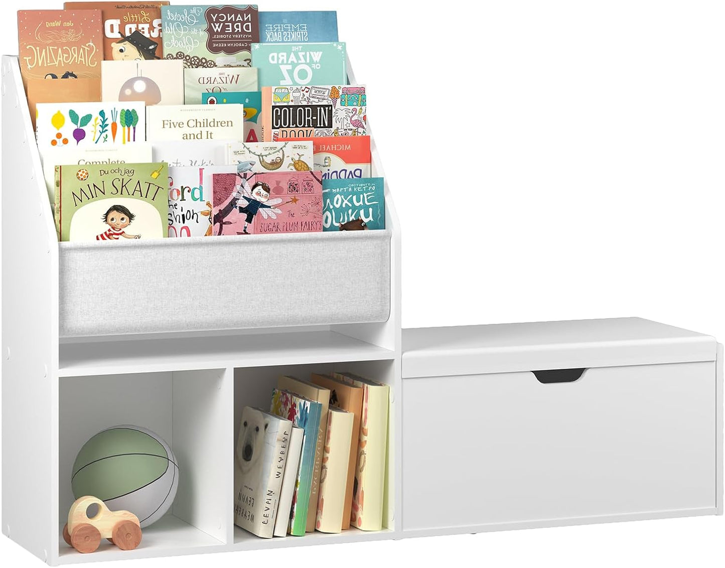 47.2’’ Kids Bookshelf with Reading Nook, Toy Storage Organizer with Seat Cushion, 5-Tier Sling Bookcase and Storage with Bench, for Playroom, Kids Room, Living Room, Nursery, White KBWT8501