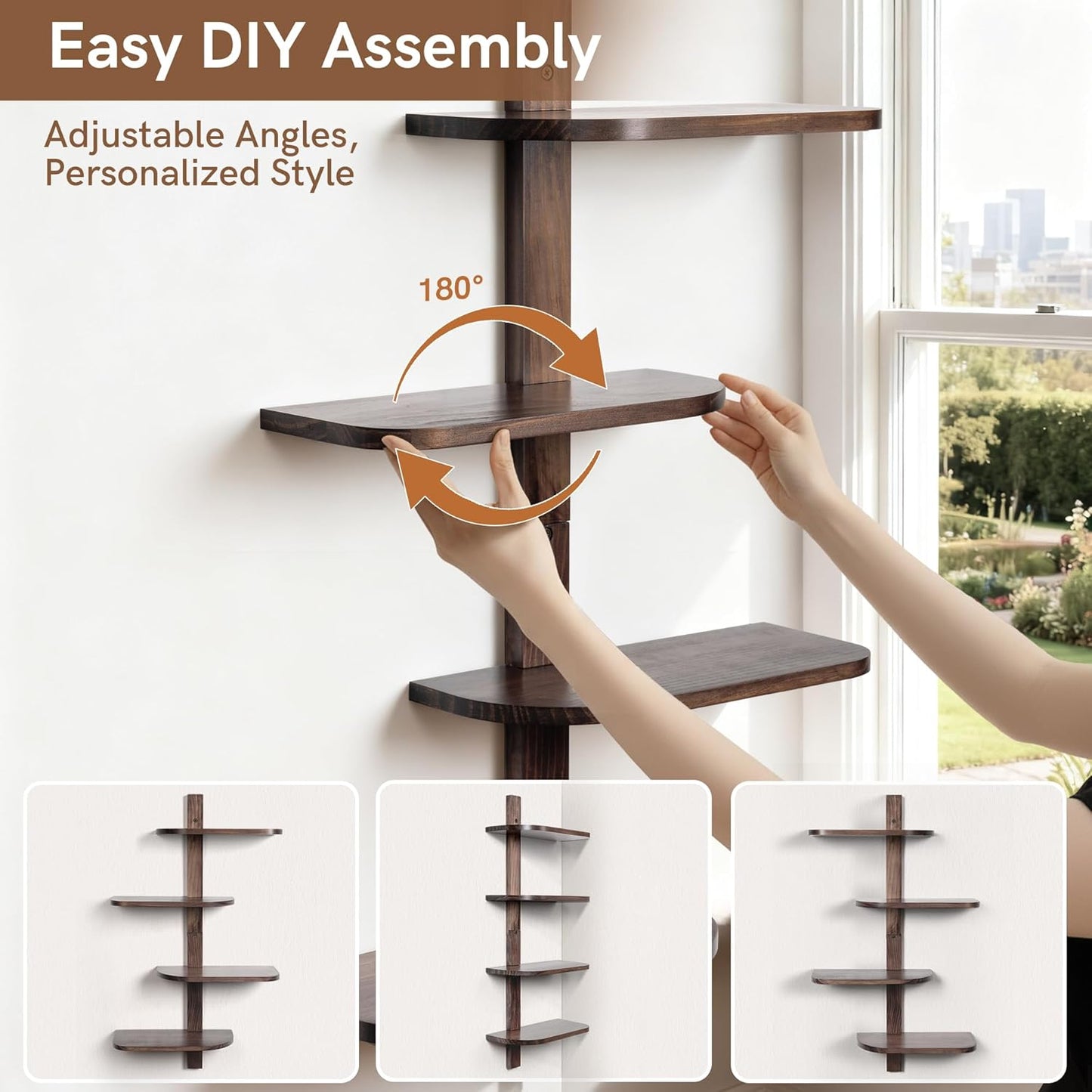 Afuly Mid Century Modern Decor Floating Shelves Walnut Display Shelf Wall Unit Solid Wood Decorative Shelving Home Decor Living Room Bedroom Coffee Bar Bathroom Plant Photo Set of 4