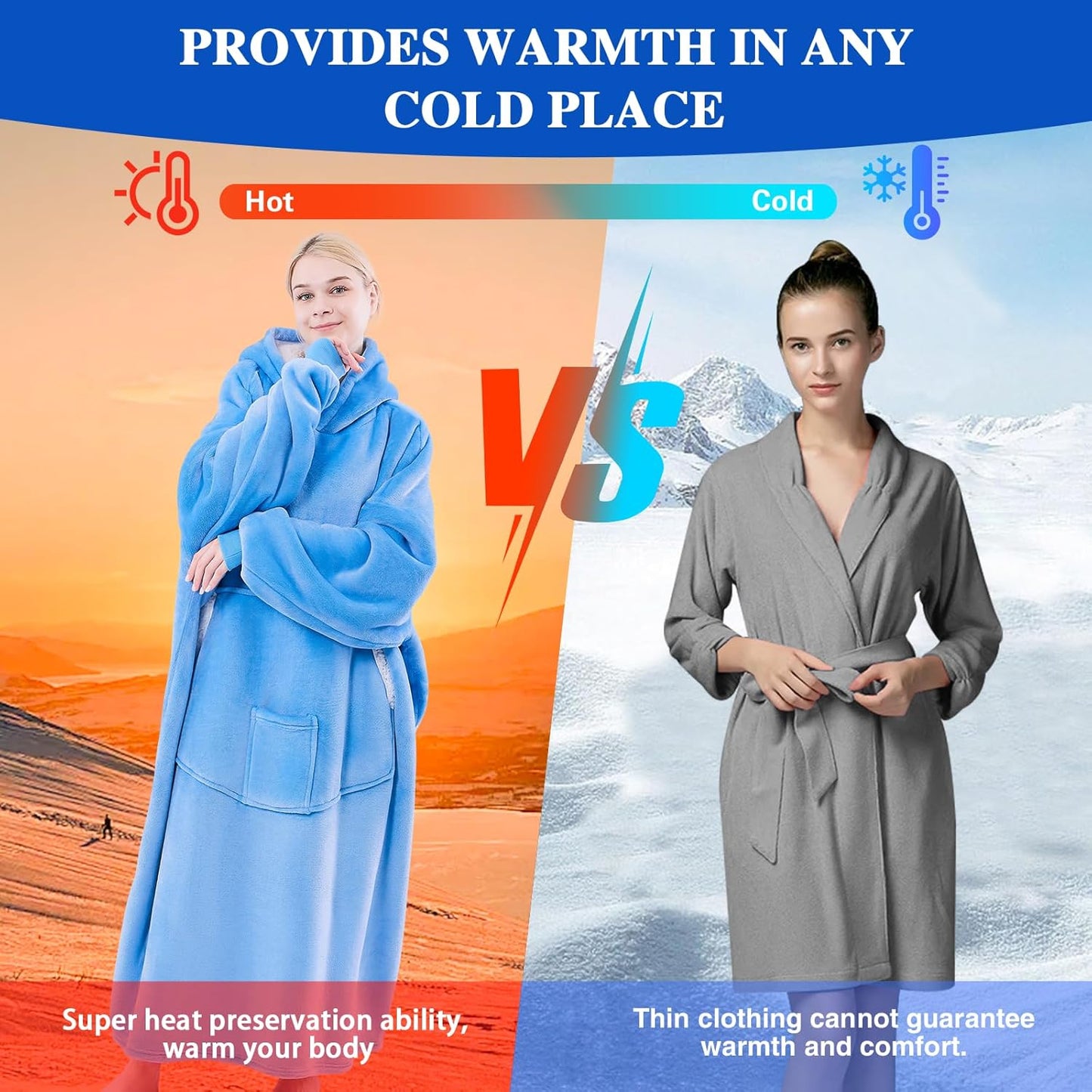 Wearable Blanket Hoodie, Birthday Christmas Gifts for Women Mom Girlfriend, Oversized Cozy and Giant Flannel Sherpa Hooded Sweatshirt Blanket with Hood Pockets & Sleeves, Extra-Long, Blue