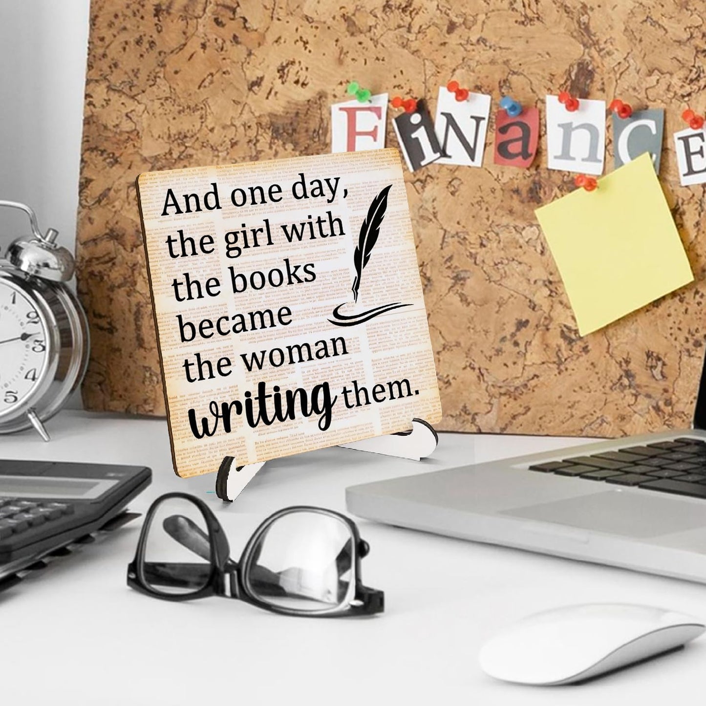Writer Gifts Wooden Stand Sign 5x5 Inch, the Girl with the Books Became the Woman Writing Them Wood Plaque Sign for Writing Room Office Workshop Desk Table Shelf Counter Decorations