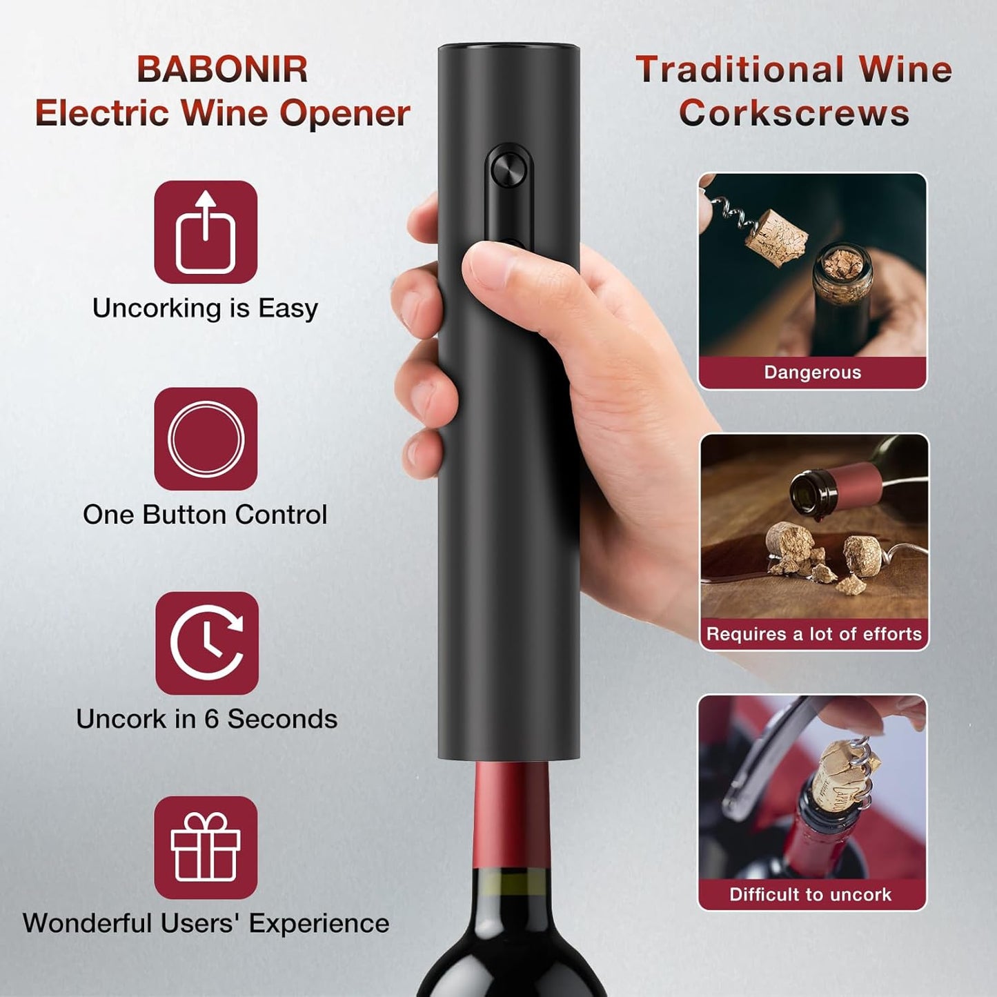 Electric Wine Opener, Automatic Corkscrew with Foil Cutter, One-Button Operation for Effortless Cork Removal, Perfect Wine Gift for Wine Lovers, Thanksgiving, Christmas, Party & Home