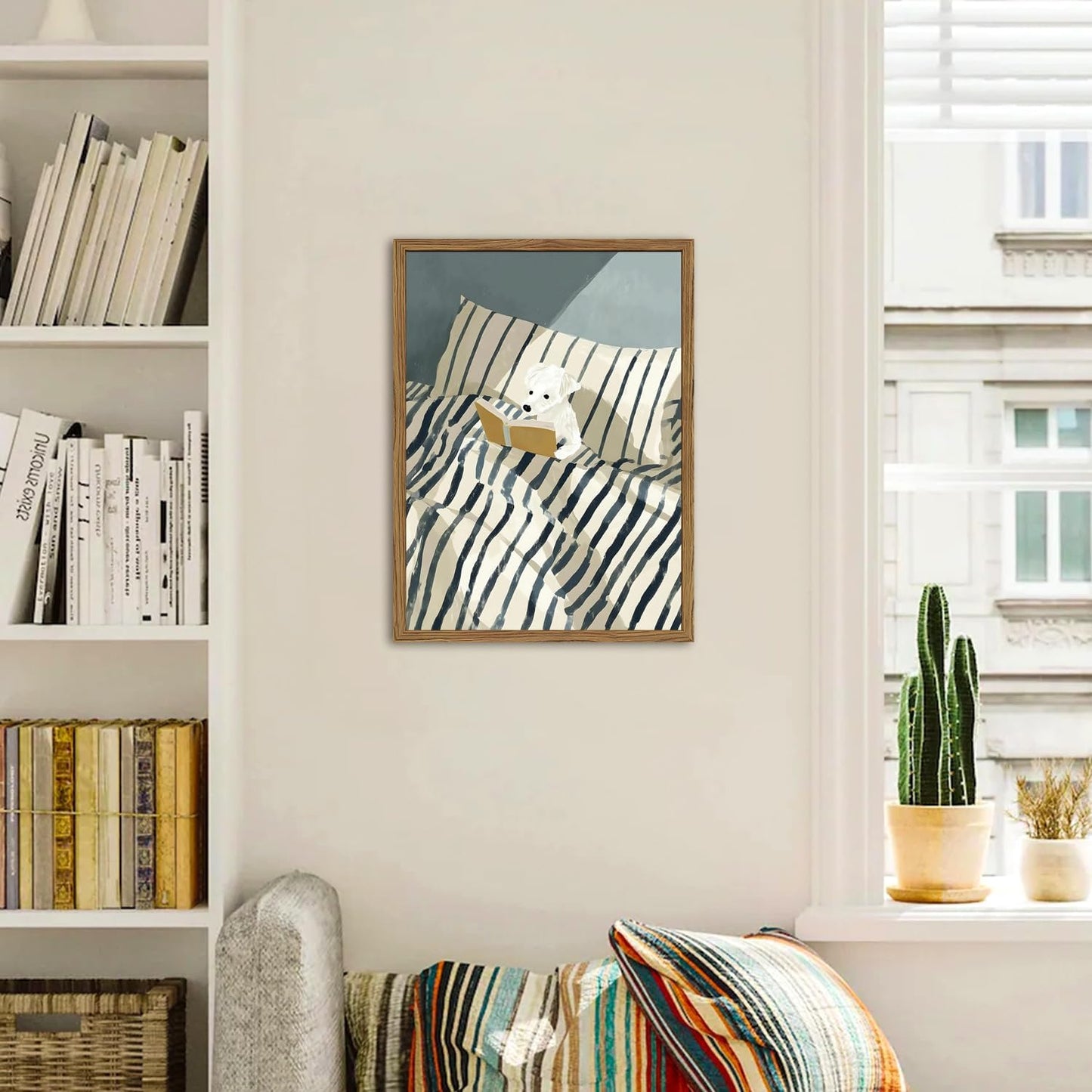 Funny Dog Reading Wall Art Whimsical Dog in White and Blue Striped Bed Wall Decor Painting Eclectic Animal Poster Canvas Print for Bedroom Living Room Bathroom 24x16 inch Wood Framed