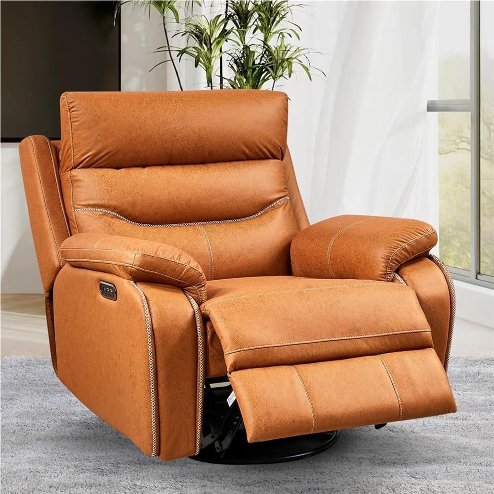 Power Recliner Chair with Power Headrest, Electric Nursery Rocker for Elderly with One-Key Reset Button, Brown Leather Glider Recliner for Bedroom & Living Room