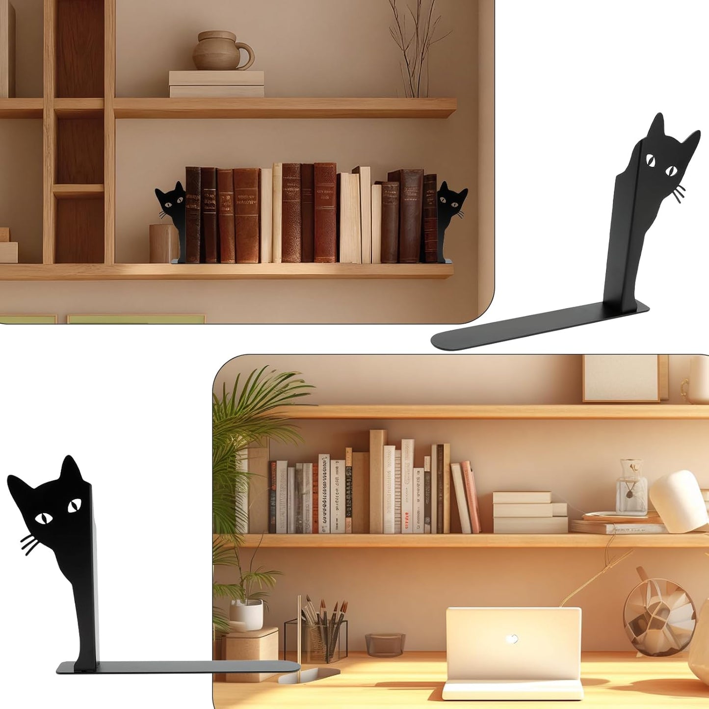 Cat Bookends for Heavy Books, 9.5 Inch Tall Metal Book Ends for Shelves, Decorative Black Iron Book Stoppers for Home Office Decor, 1 Pair