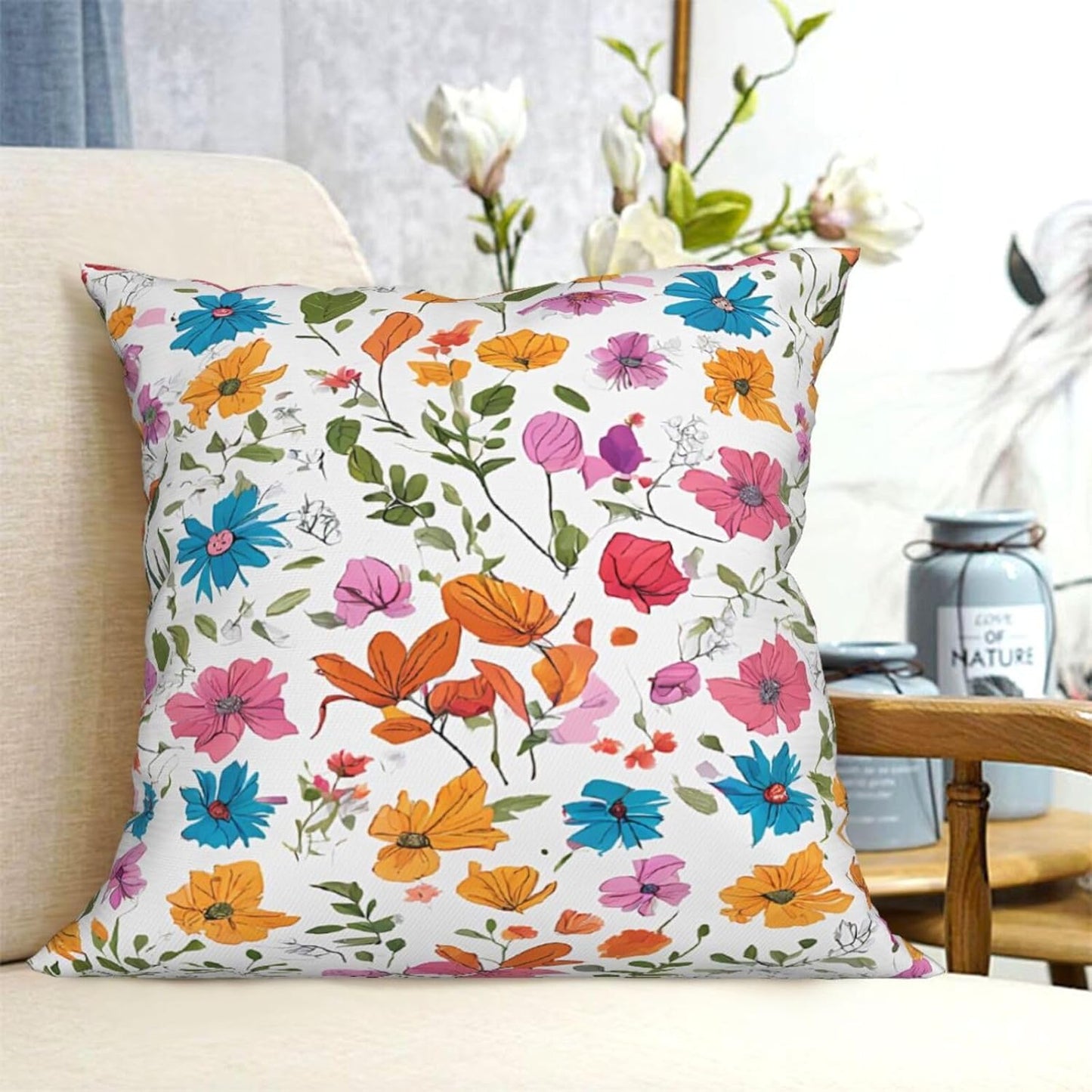 All-Season Square Pillow Covers 18"X18", Flowers, Decorative Throw Pillow Covers for Sofa Bed Couch, Hidden Zipper Cushion Cover, Square Lumbar & Accent Pillowcases for Home Decor
