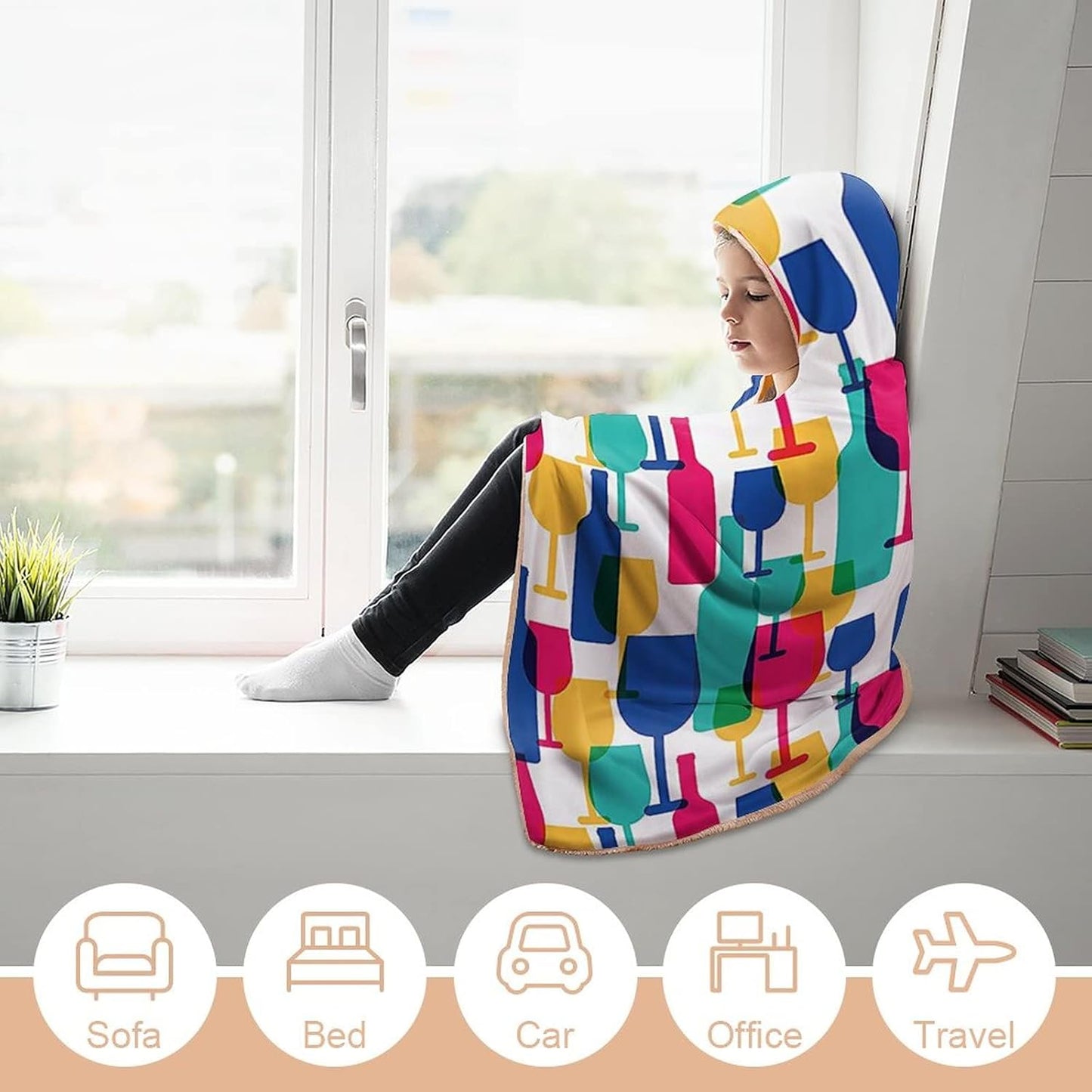 Throw Blankets, Winery Decor Wearable Hooded Blanket for Adults, Cocktail Glass and Wine Bottle Pattern Bar, Soft Warm Cozy, 50 x 60inches, Studying Reading Snuggling Napping Office, Magenta Navy
