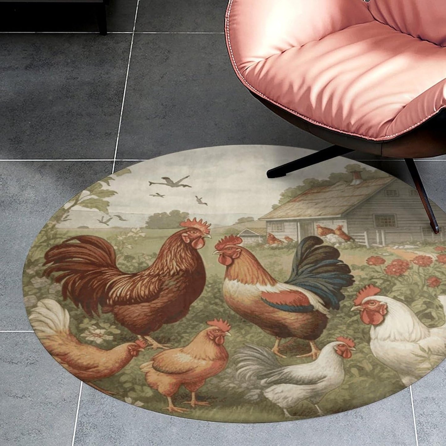 Chickens and Farm Circle Rug Retro Luxury Coral Velvet Floor Mat Non Slip Soft Indoor Floor Carpet Comfy Thickened Area Rugs Modern Aesthetic Minimalist Carpets for Home Decor