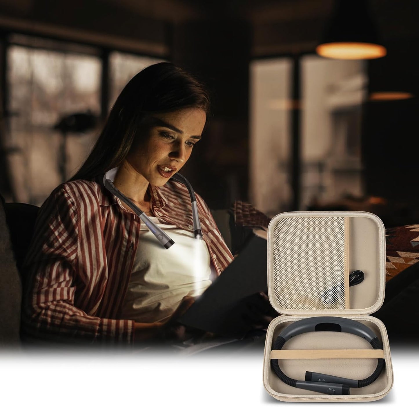Case Compatible with Glocusent/ for Vekkia/ for LITOM/ for LEDGLE/ for TAKKUI/ for TSINGREE LED Neck Reading Light Book Light for Reading. Storage Carrying Holder for USB Cable (Box Only) -Light Khaki