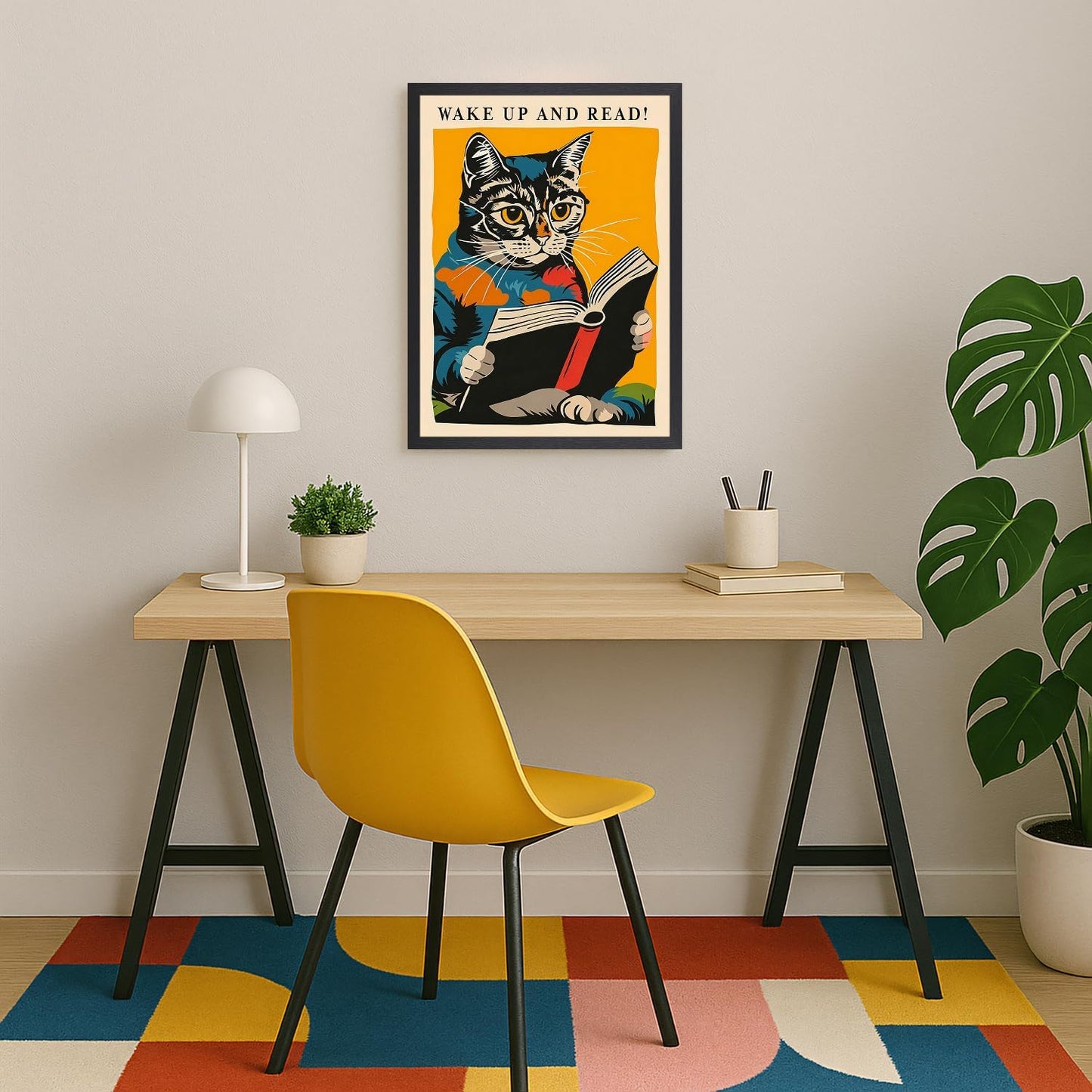 kilamino Wood Framed Funny Classroom Wall Art, Wake Up and Read Cat Wall Decor, Vintage Cute Animal Poster Print, Funny Reading Cat Canvas Painting for Library Classroom Bedroom School Office 16"x24"