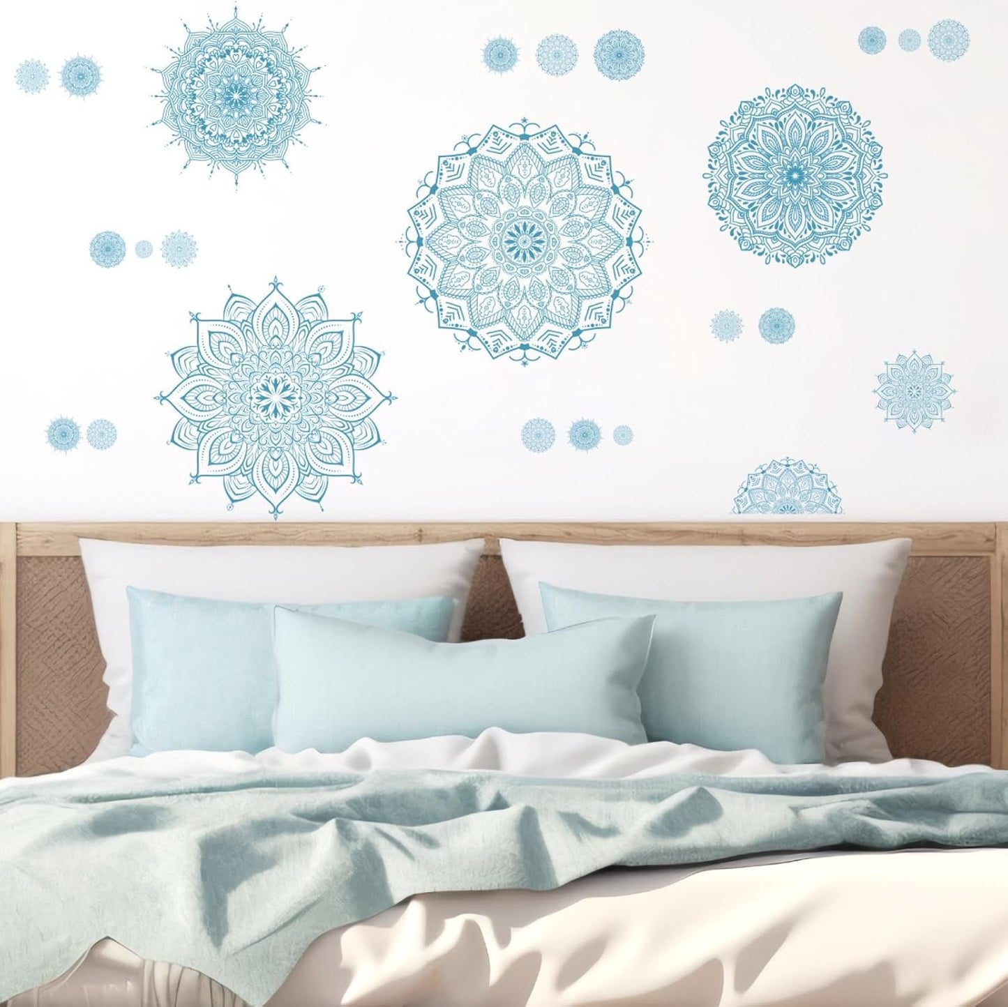 Blue Mandala Wall Stickers Large Mandala Wall Decals Peel and Stick Lotus Flower Stickers Headboard Art Decoration Modern Blue Art Decals for Living Room Bedroom Yoga Decor