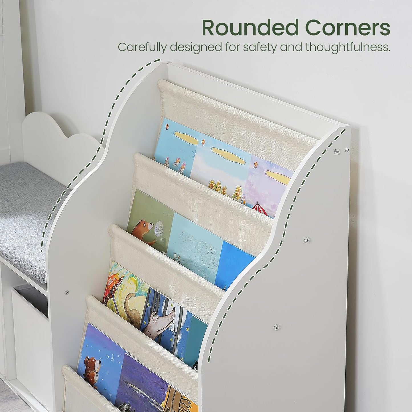 66.9" Kids Bookshelf with Reading Nook, 3-in-1 Kids Bookcase with Cushion and Sling Shelf, Toy Chest Storage with Fabric Drawers, Reading Nook for Kids, for Playroom, Nursery, White MCW08WB