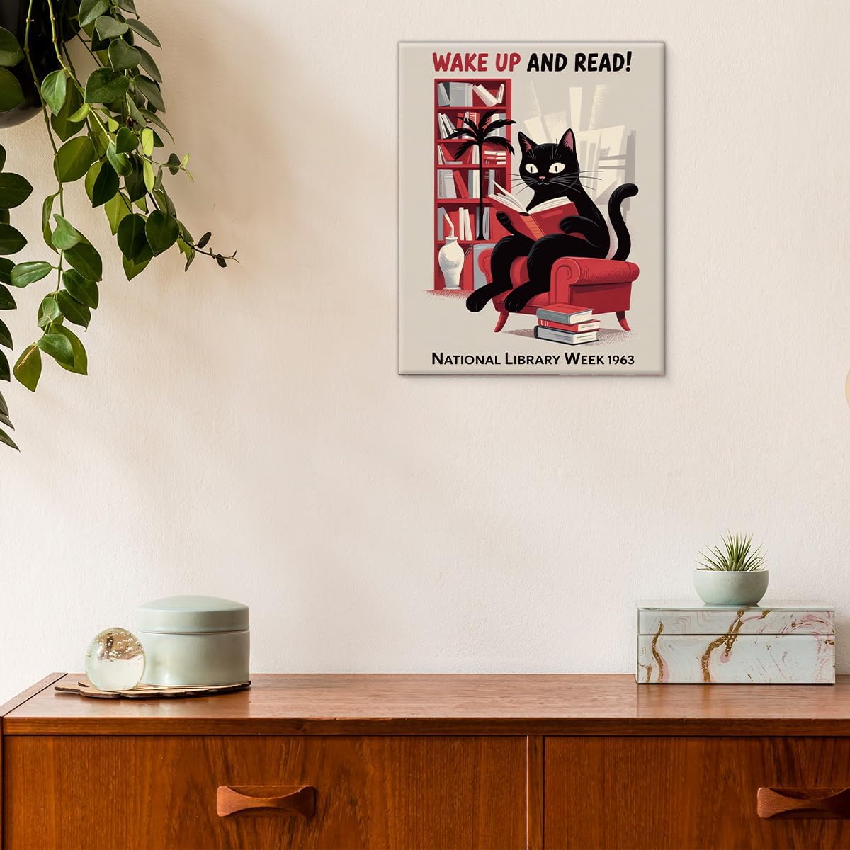 Funny Cat Reading Canvas Wall Art Print Cute Cat National Library Week Picture Poster Wall Decor for Library Home Reading Room 8x10 Framed, Book Lover Gifts