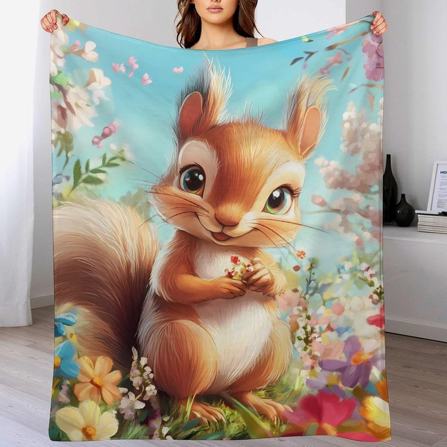 Cute Squirrel with Flowers Throw Blanket for Couch Bed Plush Cozy Fuzzy Flannel Blanket for All Season 60"x80"