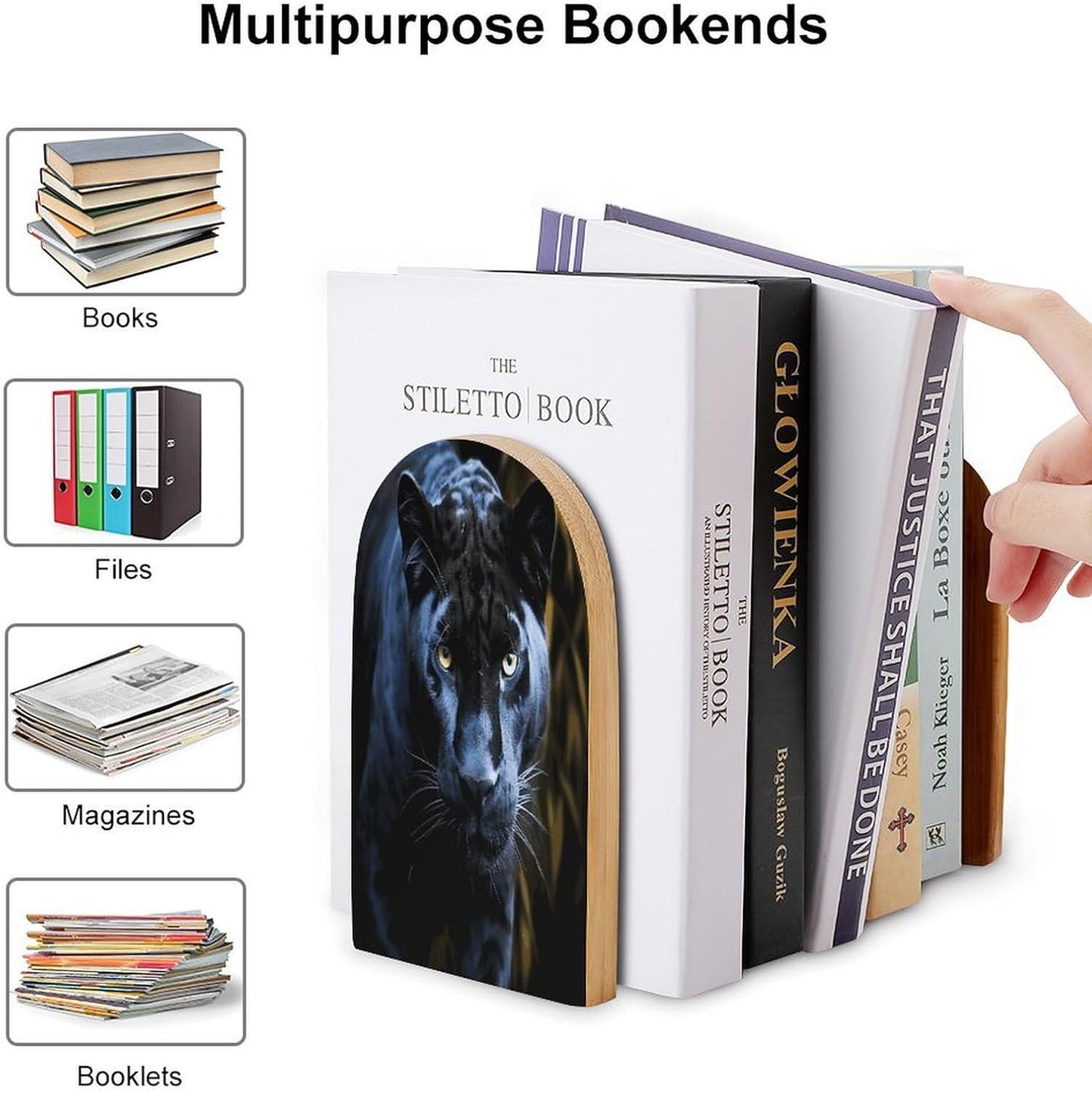Panther with Blue Eyes Bookend for Shelves Wooden Book End Large Size Sturdy Book Holders Stoppers with Metal Base for Bookshelves Slick Decorative Bookends Stands