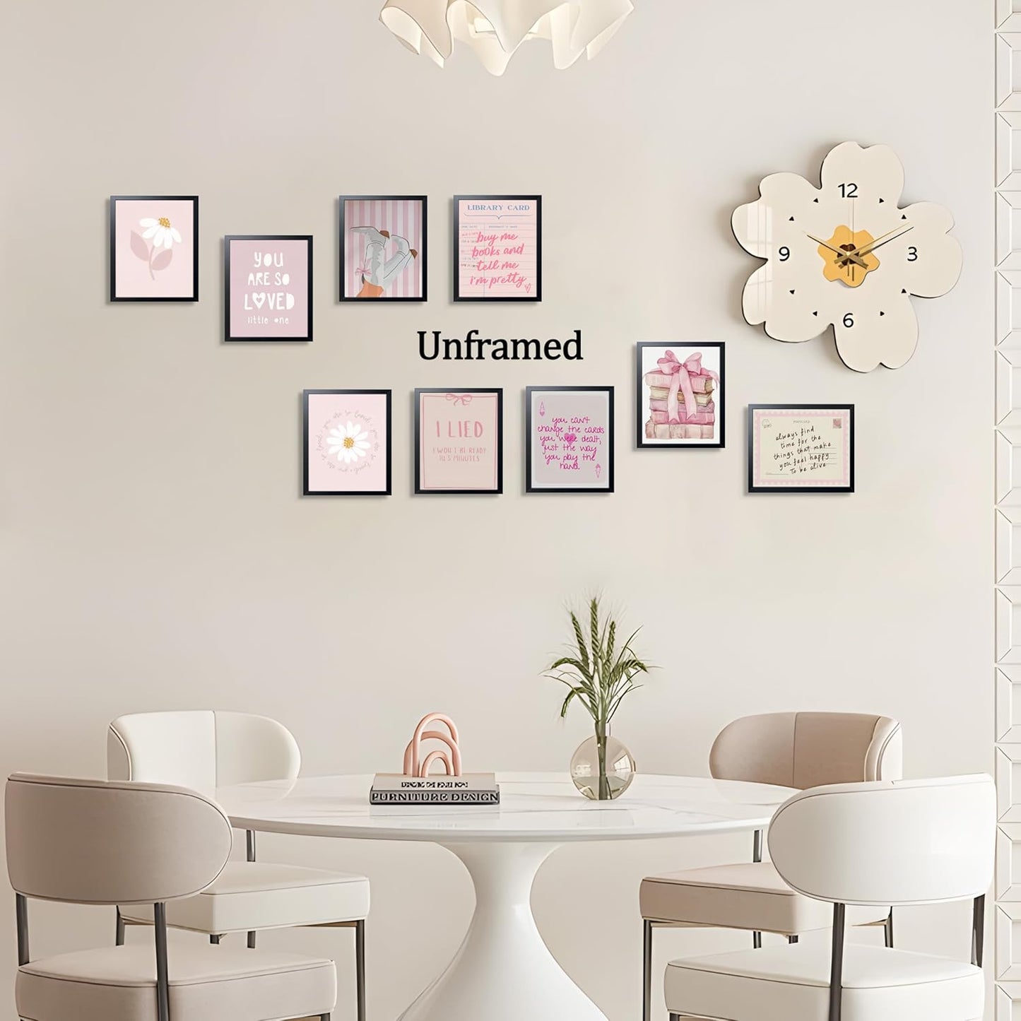 XYHYRA Pink Wall Art Painting Set of 9, Pink Preppy Girly Quote Canvas Prints Painting, Romantic Bow Books Daisy Poster Aesthetic Room Decor for Teen Girls Bedroom Dorm 8x10 Inch Unframed